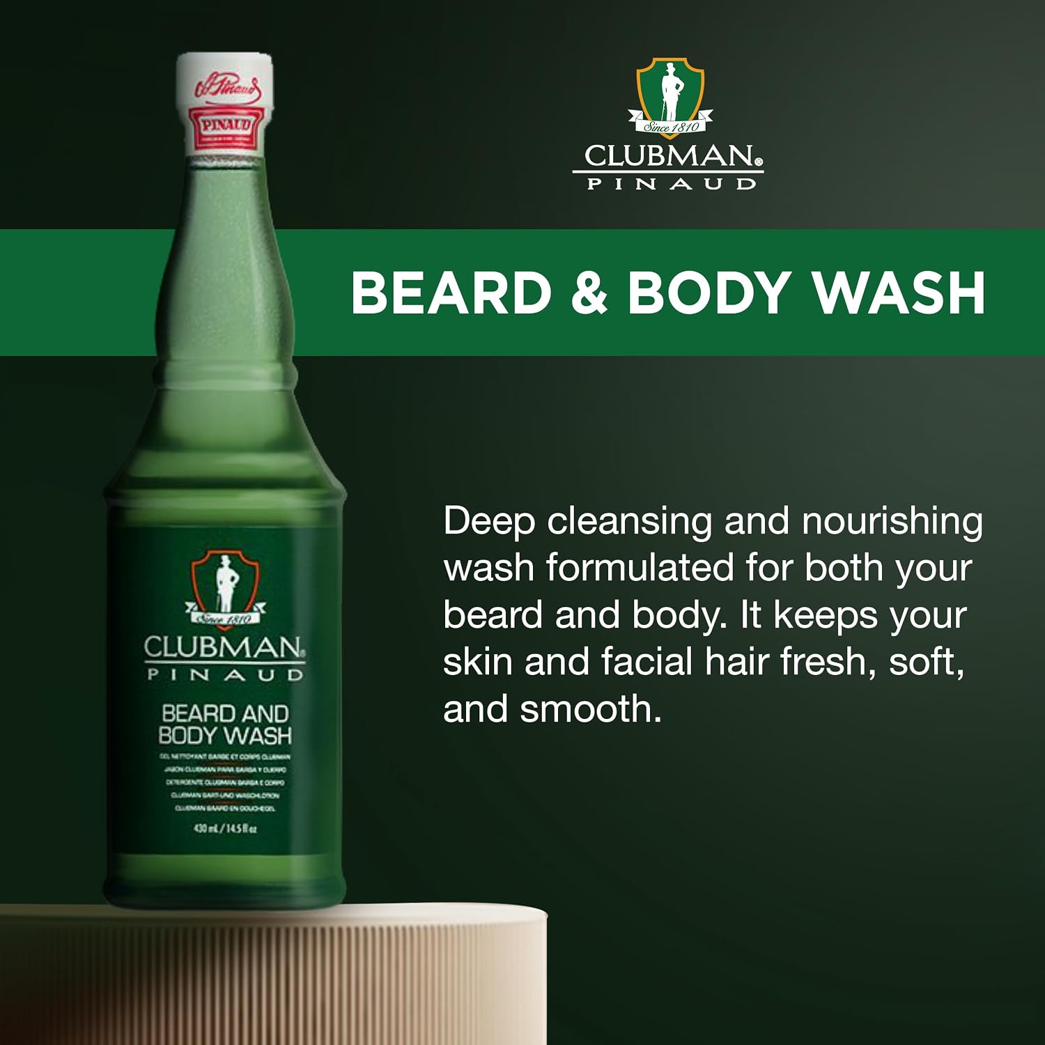 Clubman Pinaud Beard and Body Wash – Dual-Purpose Cleanser, Cleanses & Softens Beards Hair and Skin, Moisturizing Daily Grooming Formula, 14.5 fl oz