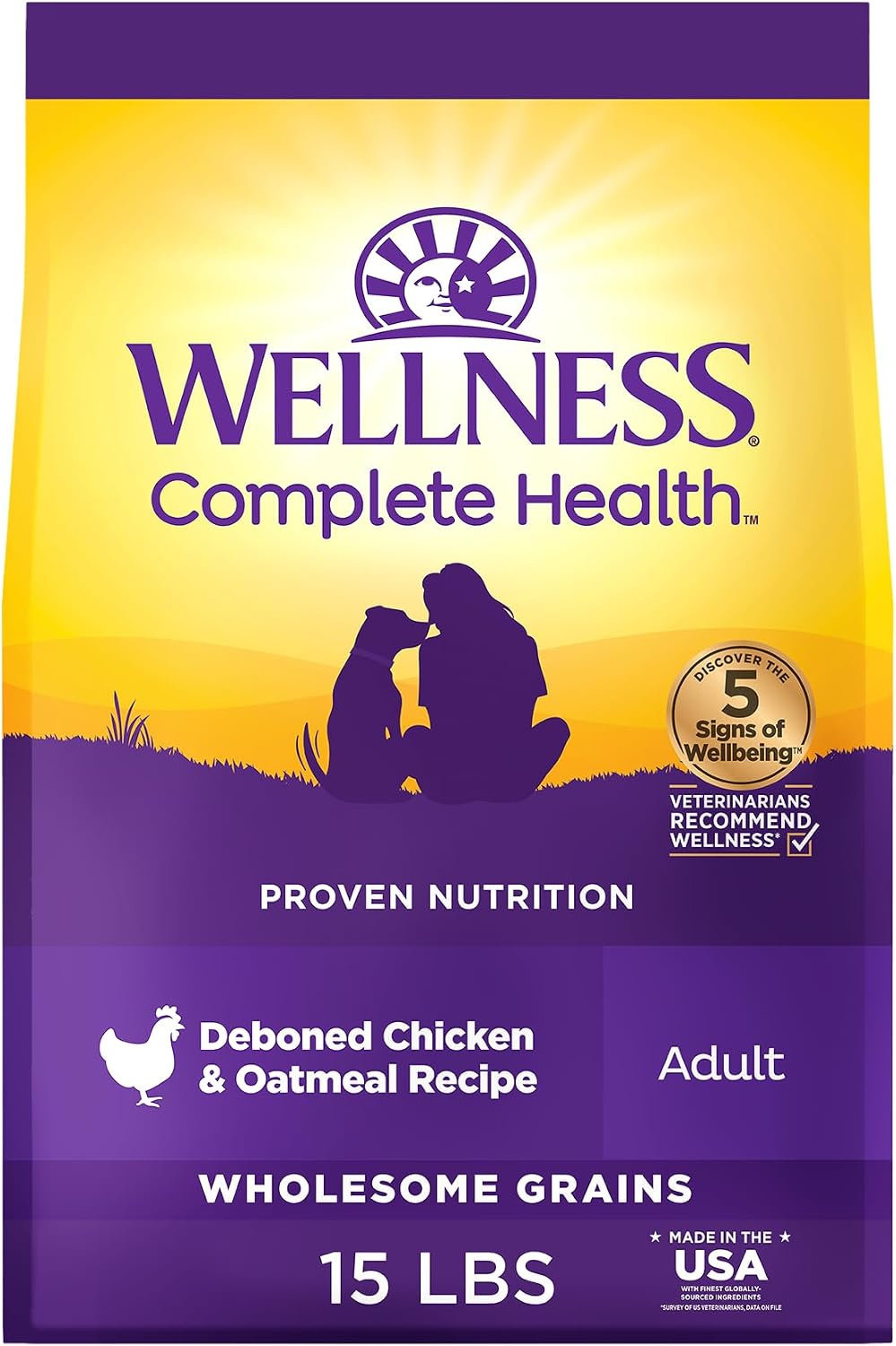 Wellness Complete Health Adult Dry Dog Food, Wholesome Grain Kibble, Natural, Chicken and Oatmeal Recipe, 5 lb Bag