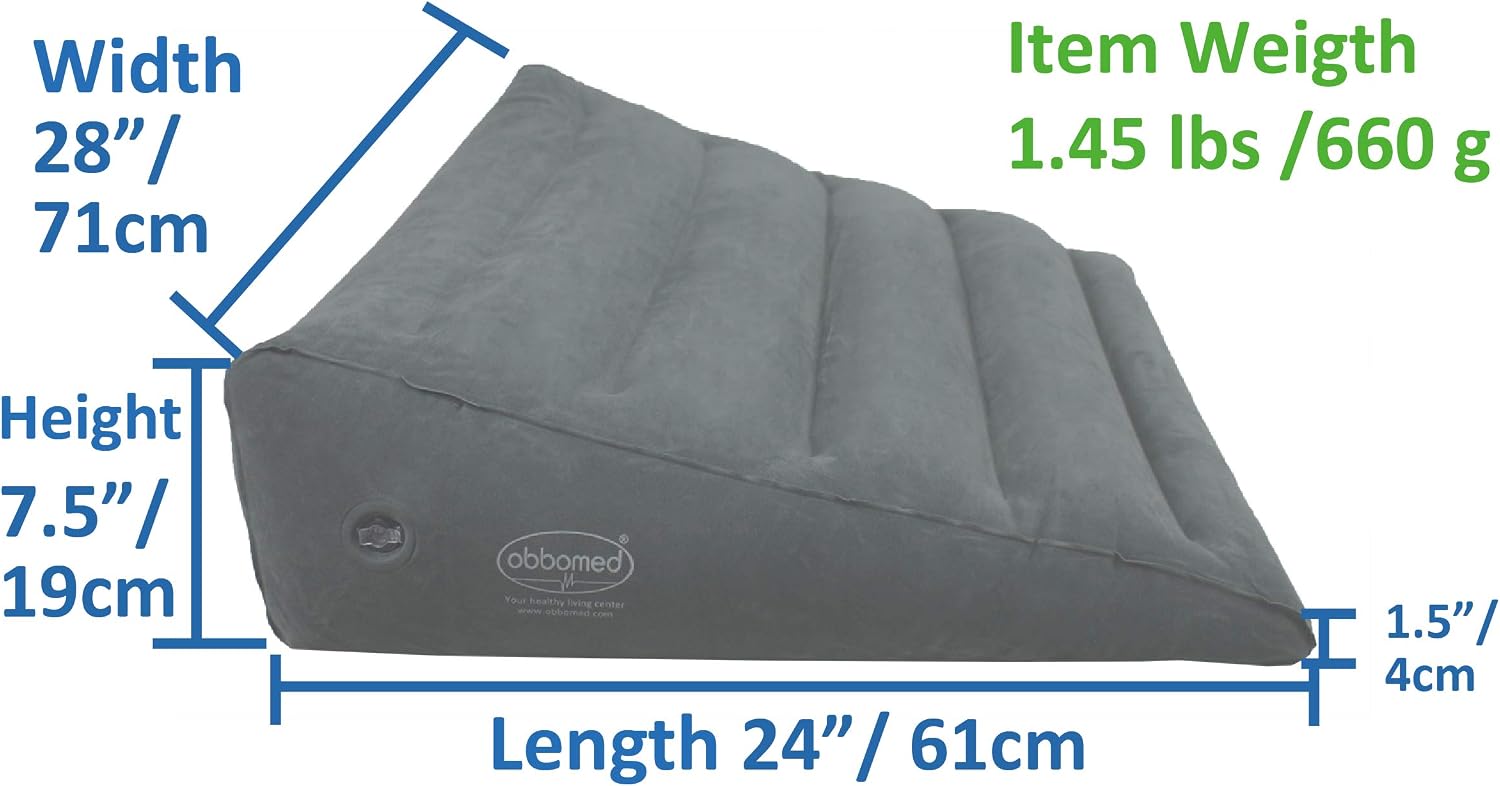 ObboMed HR-7510 Inflatable Portable Bed Wedge Pillow with Velour Surface for Sleeping, Travel, Trip Vacation, Horizontal Indention Prevent Sliding, 23” x 22” x(7.5”~1.5”), Cyan