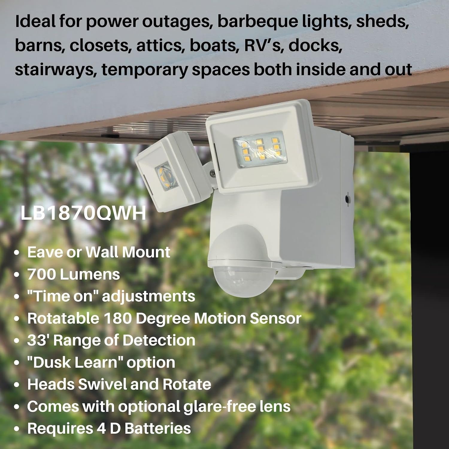 Motion Security Flood Light, Battery Operated Adjustable Motion Sensor, 700 Lumen LED