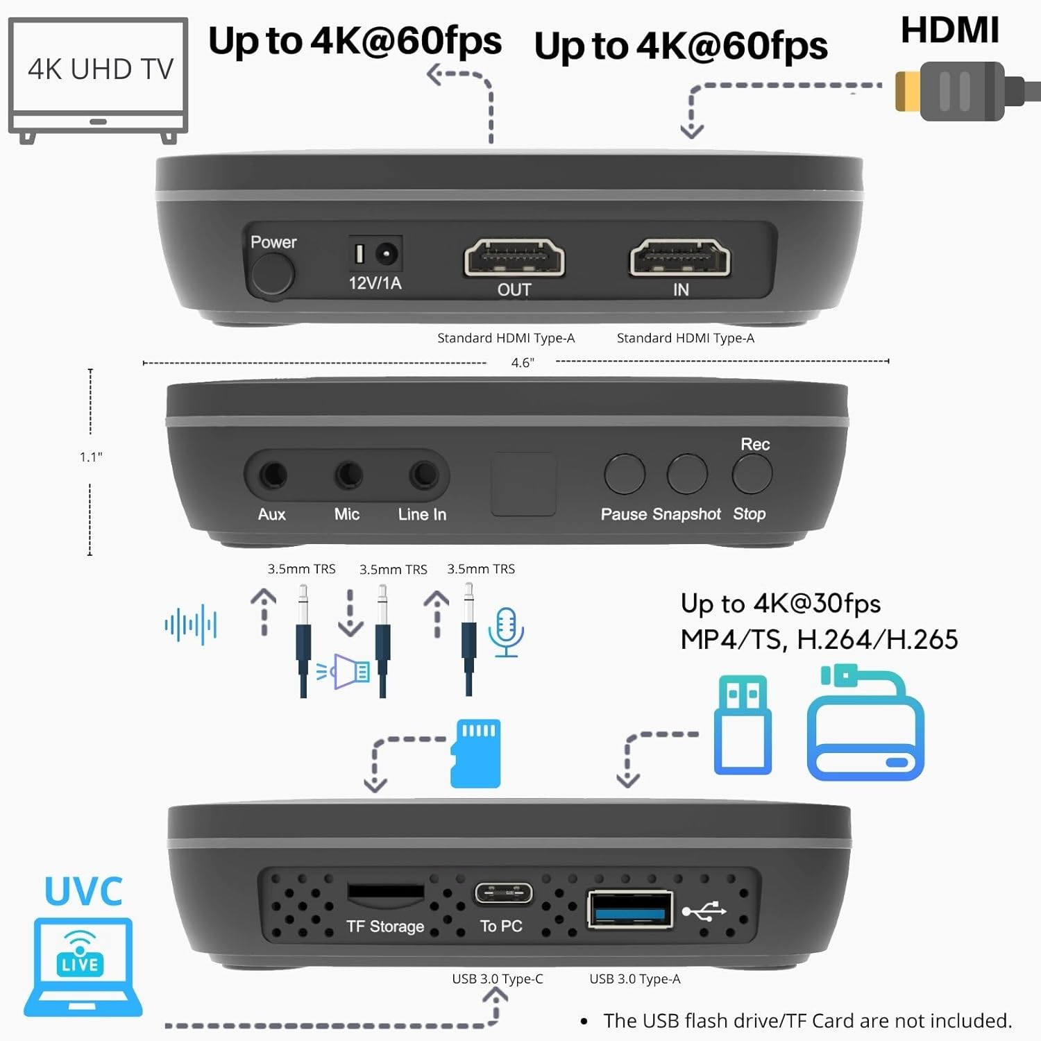 UHD Pro, 4K Video Recorder, HDMI Capture DVR with H.265/H.264 Codec, Cinematic 24fps Recording(Up to 30fps), 4K@60fps Passthrough