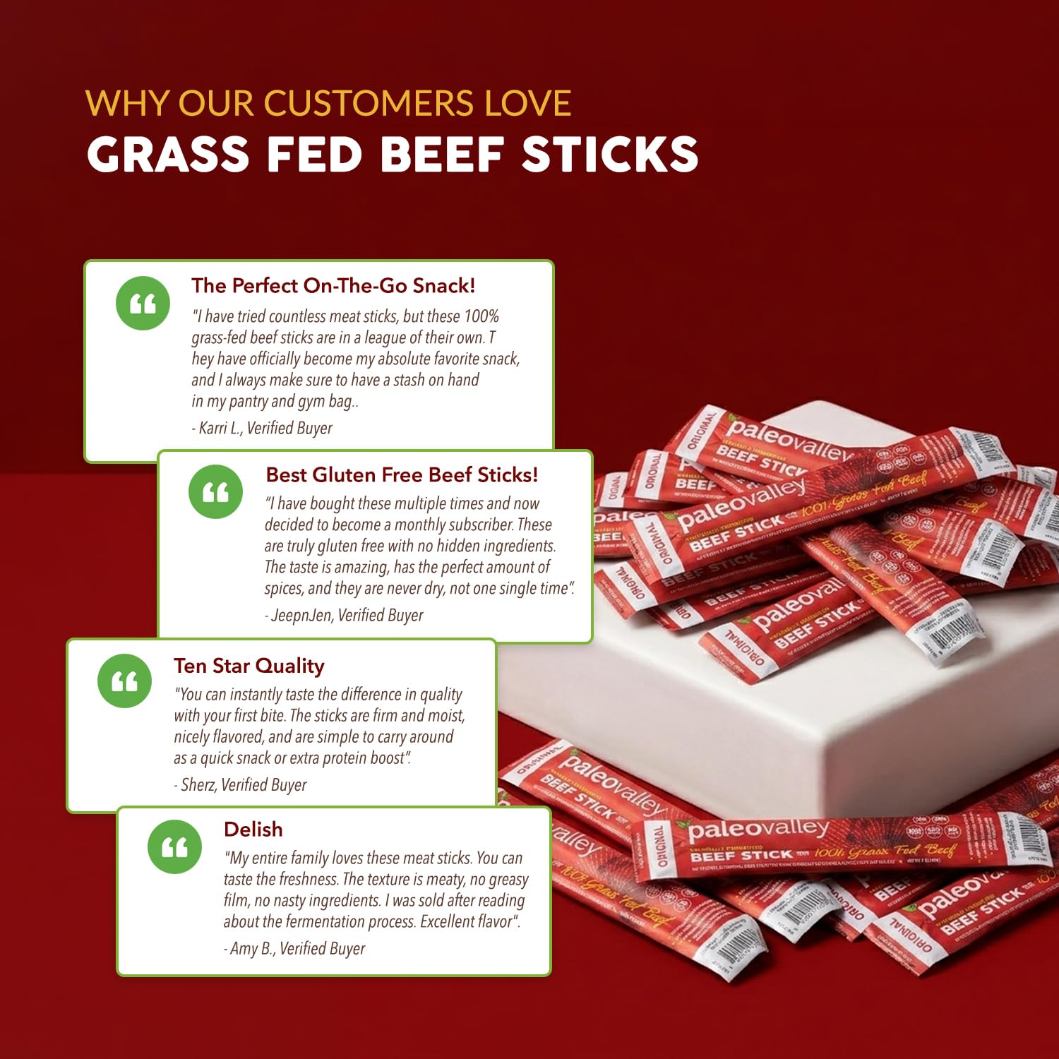 Paleovalley 100% Grass Fed Beef Sticks, Protein Snacks, Original | 10 Count, Individually Wrapped, Naturally Fermented, Gluten Free, Keto and Paleo, Made With Simple Ingredients, 6g Protein