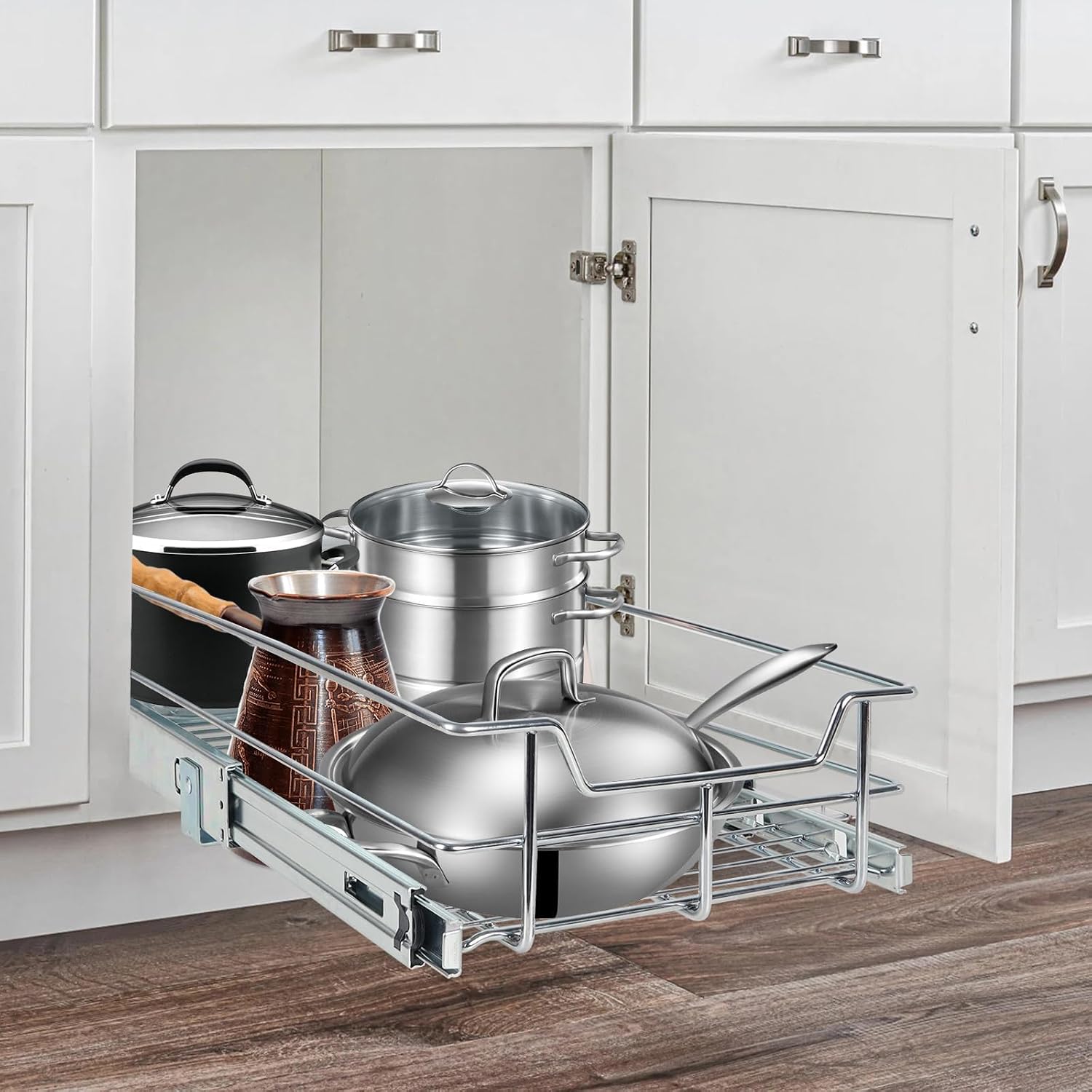 2 Tier Pull Out Cabinet Organizer 11" W X 22" D, Chromed, Full Slide Out