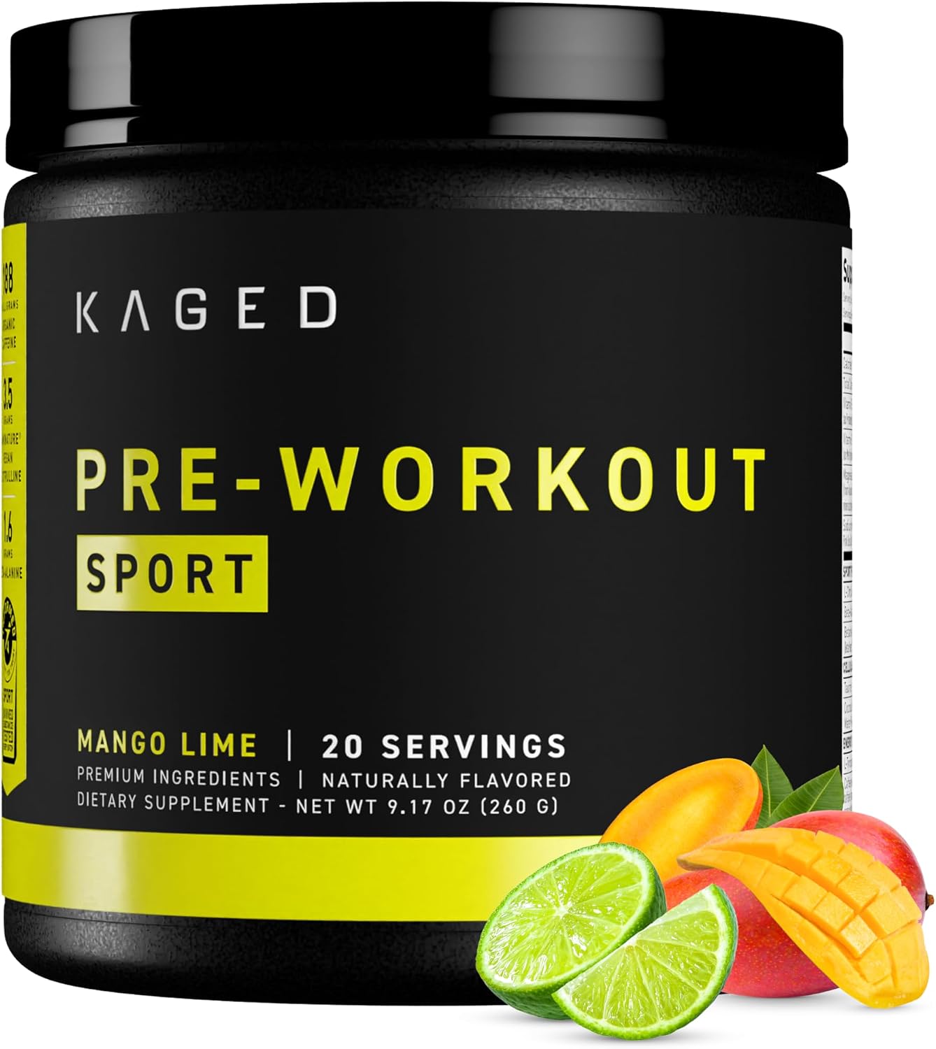 Kaged Sport Pre Workout Powder for Men & Women, Mango Lime, Sport Certified, 188mg Caffeine, Nitric Oxide Supplement, Beta Alanine for Energy