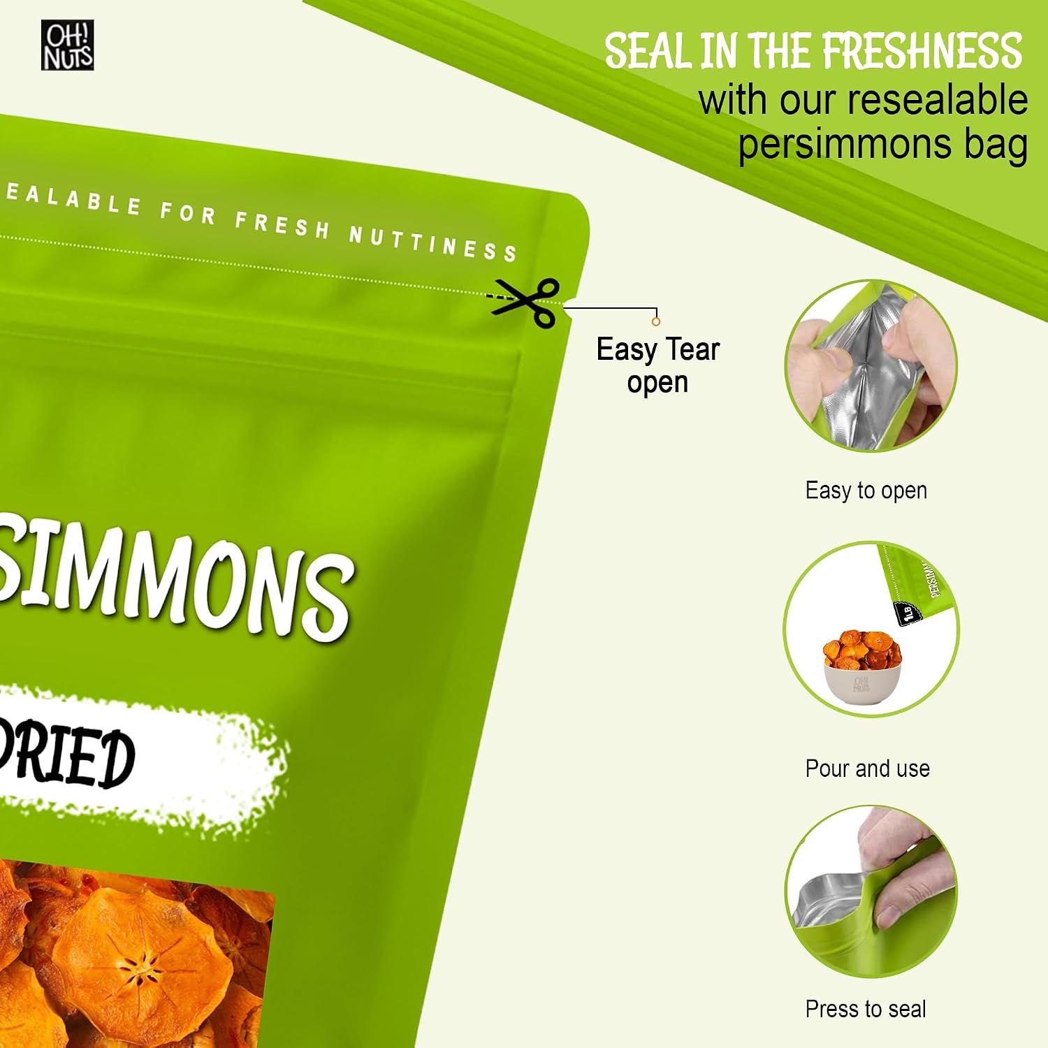 Oh! Nuts Dried Persimmon Slices No Sugar Added Dehydrated Fruit 1lb | Dried persimmons no sugar added - Dehydrated fruit slices - Persimmon fruit