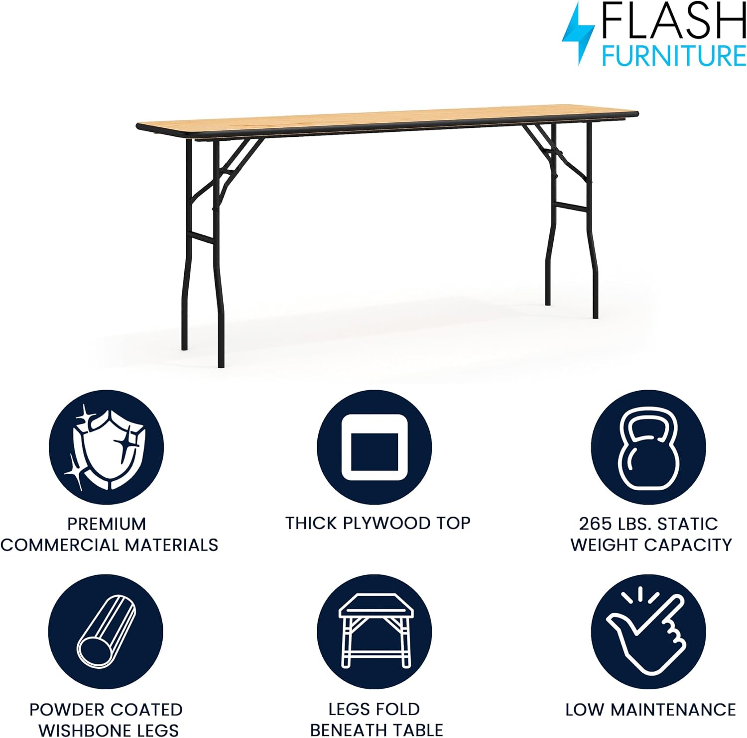 Flash Furniture 6 ft Wood Folding Clear Coat Rectangular Table, Clear | Durable Construction, Commercial Use
