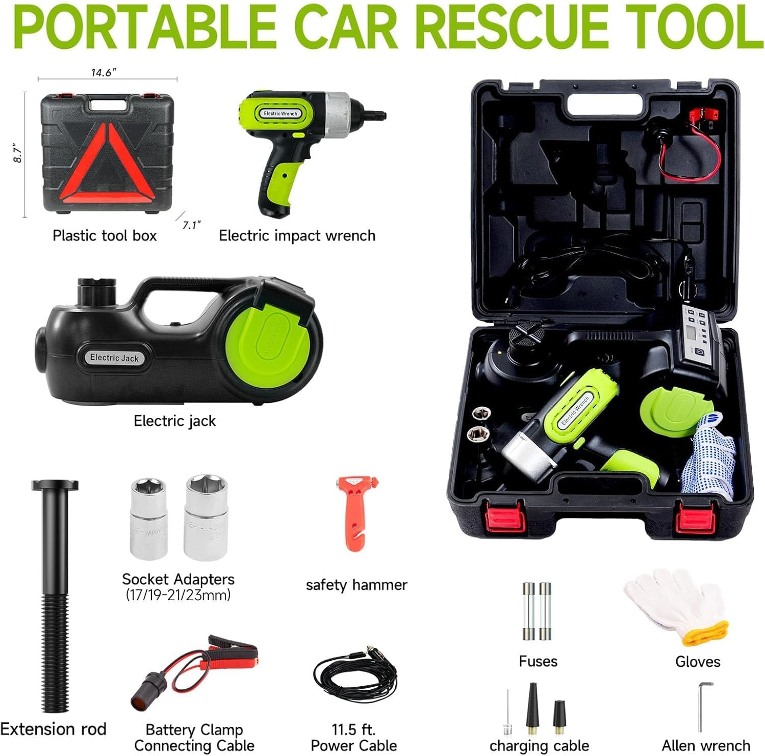 E-HEELP Electric Car Jack Kit 5 Ton 12V with Impact Wrench, 6.1-17.7 in