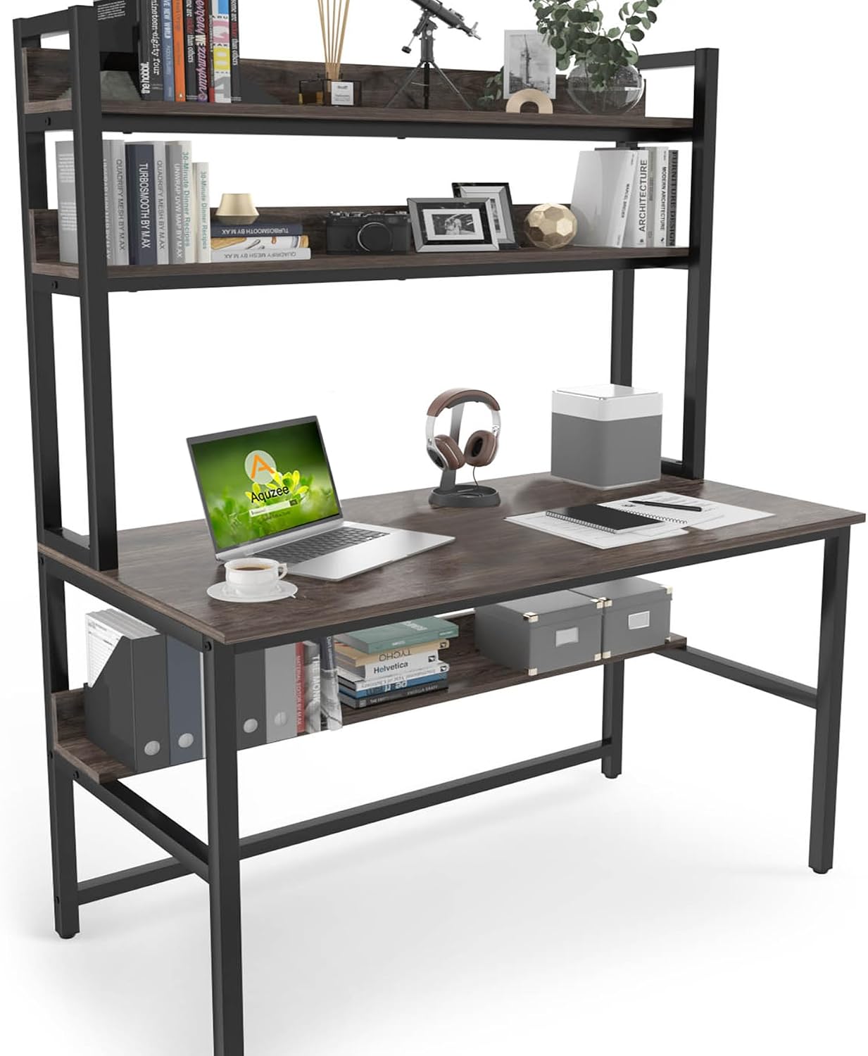 Aquzee Computer Desk with Shelves, 47" W x 23.6" D Gaming Desk with Hutch and Bookshelf