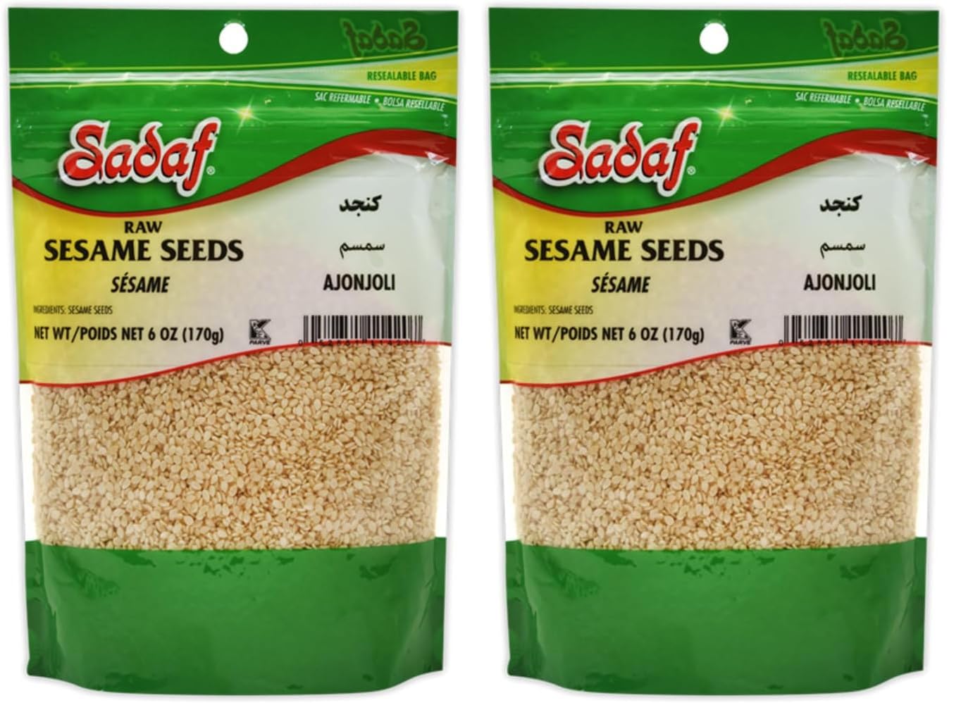 Sadaf Sesame Seeds - Raw Sesame Seeds for Cooking and Food Seasoning - Semillas de Ajonjoli - Middle Eastern Cuisine - Kosher - 6 Oz Resealable Bag