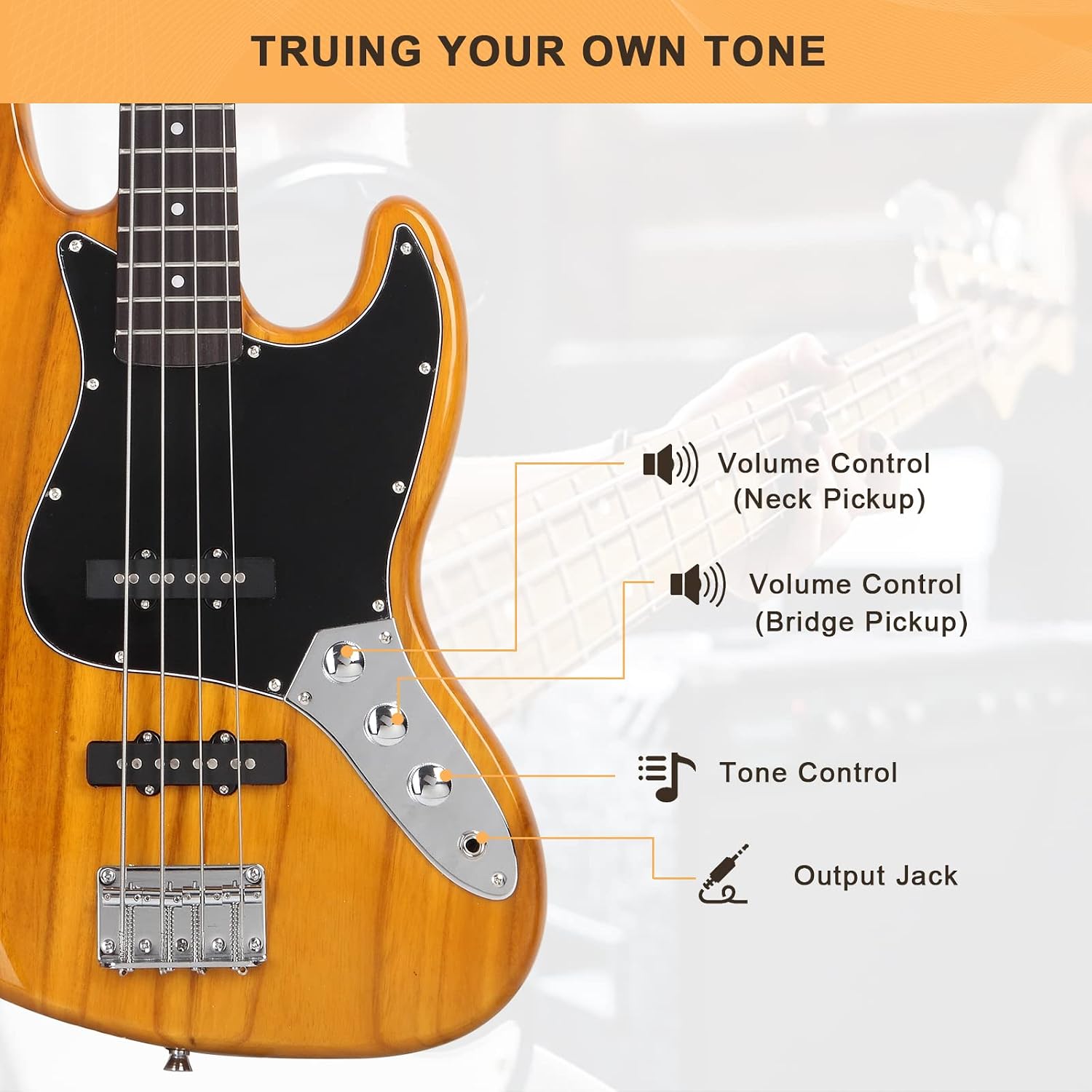 GLARRY 4 String GJazz Electric Bass Guitar Full Size Right Handed with Guitar Bag, Amp Cord and Beginner Kits (Transparent Yellow)
