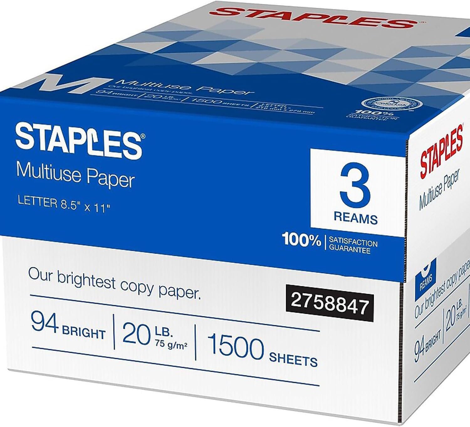 Staples Multipurpose Copy Paper, 8.5x11, 20lb, 94 Bright, 10 Reams/Carton | 5,000 white sheets total. Smooth finish reduces jams in copiers, laser & inkjet printers.