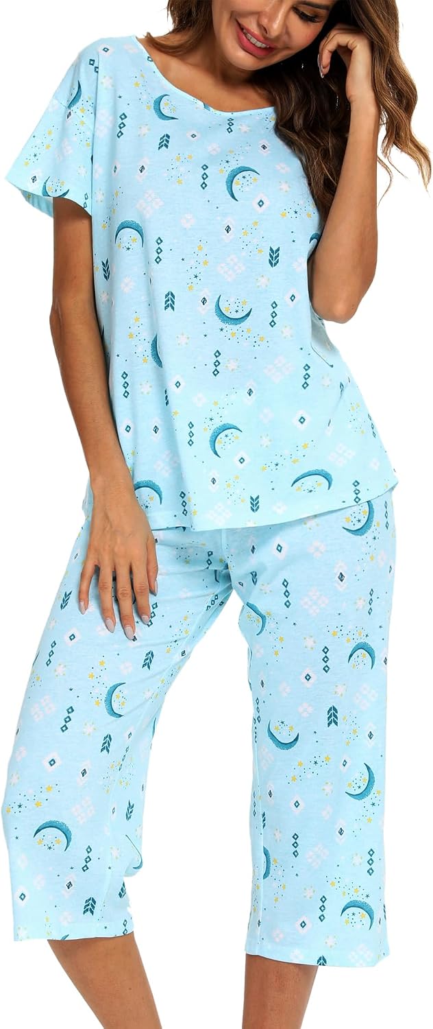 ENJOYNIGHT Womens Pajama Set Cotton Summer Pj Top with Capri Pant Sleepwear