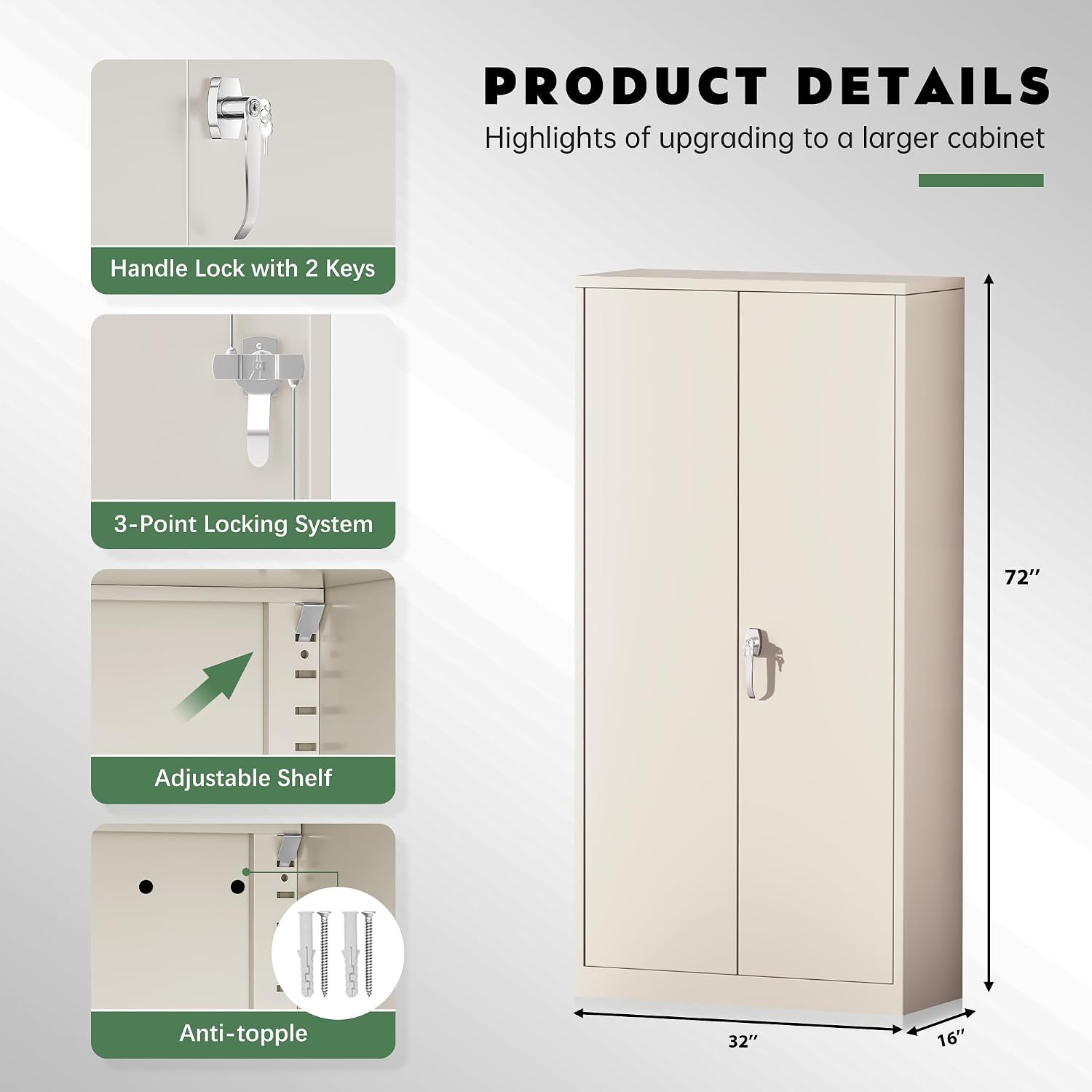 Greenvelly Steel SnapIt Storage Cabinet, 72" Locking Metal Garage Storage Cabinet with 4 Adjustable Shelves, 2 Doors and Lock for File, Office, Garage