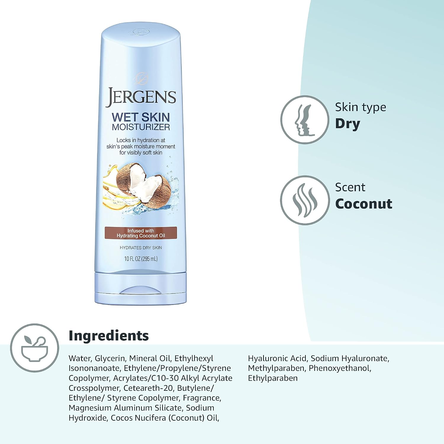 Jergens Wet Skin Body Lotion with Coconut Oil, In Shower Lotion for Dry Skin, Fast-Absorbing, Non-Sticky, Dermatologist Tested, 10 Ounce