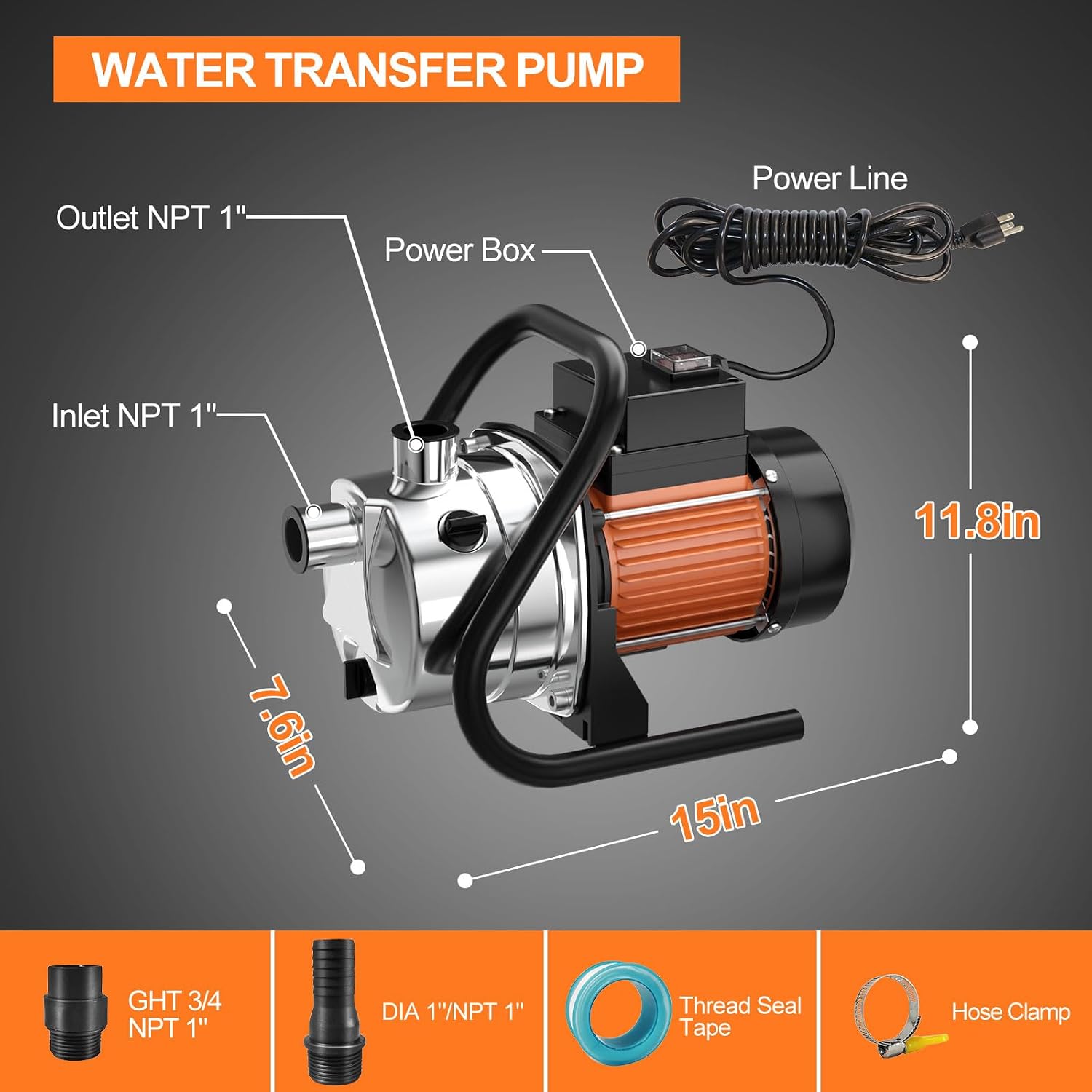 Water Transfer Pump 110V Shallow Well Pump 1.6HP Electric Portable Garden Pressure Booster Pumps for Sprinkler Irrigation Lawn with Adapters, Green