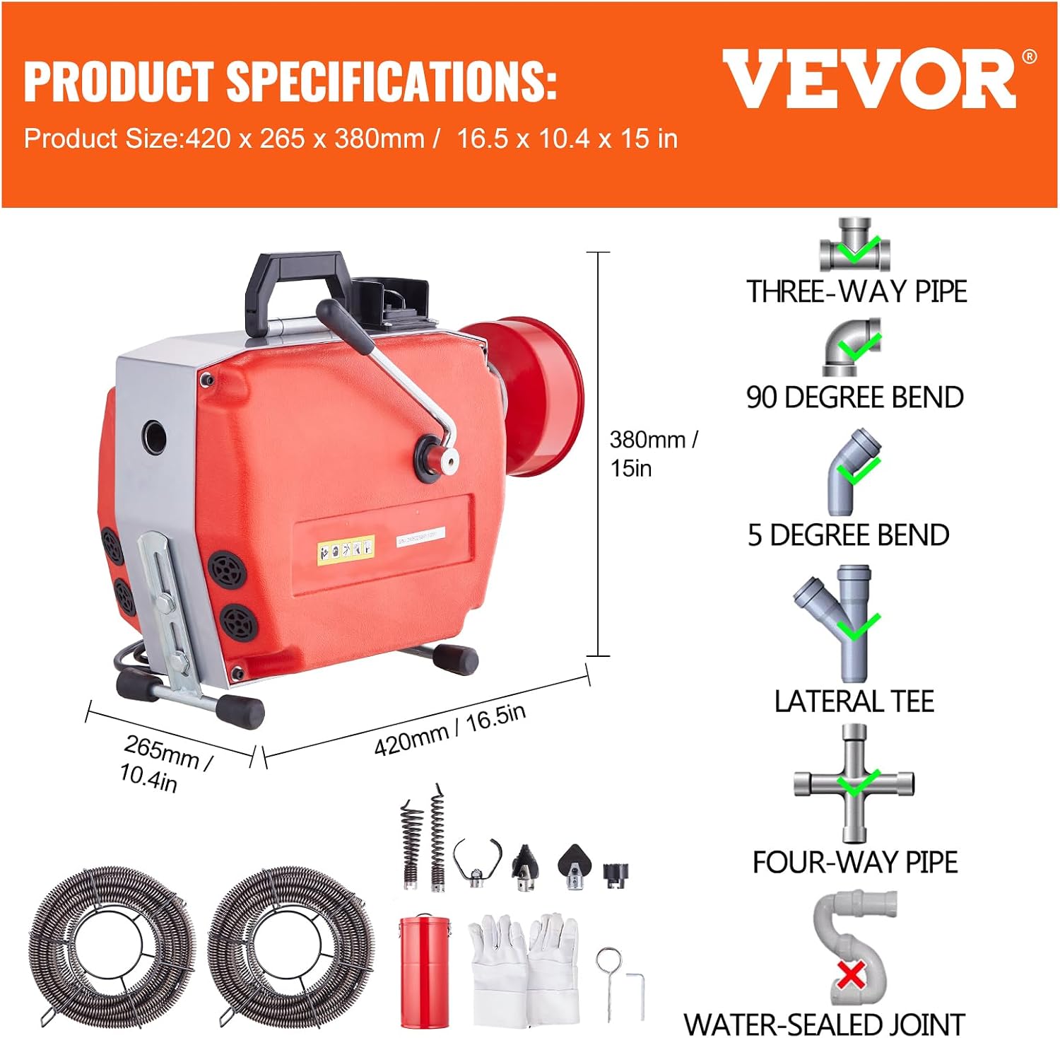 VEVOR 66FT x 5/8 Inch Drain Cleaner Machine, 250W Electric Sewer Snake Auger Manual Feed - with 7 Cutters, 2 Steel Cables (66' x 5/8" and 15' x 3/8")& CW/CCW Control for 1.6" to 4" Pipes