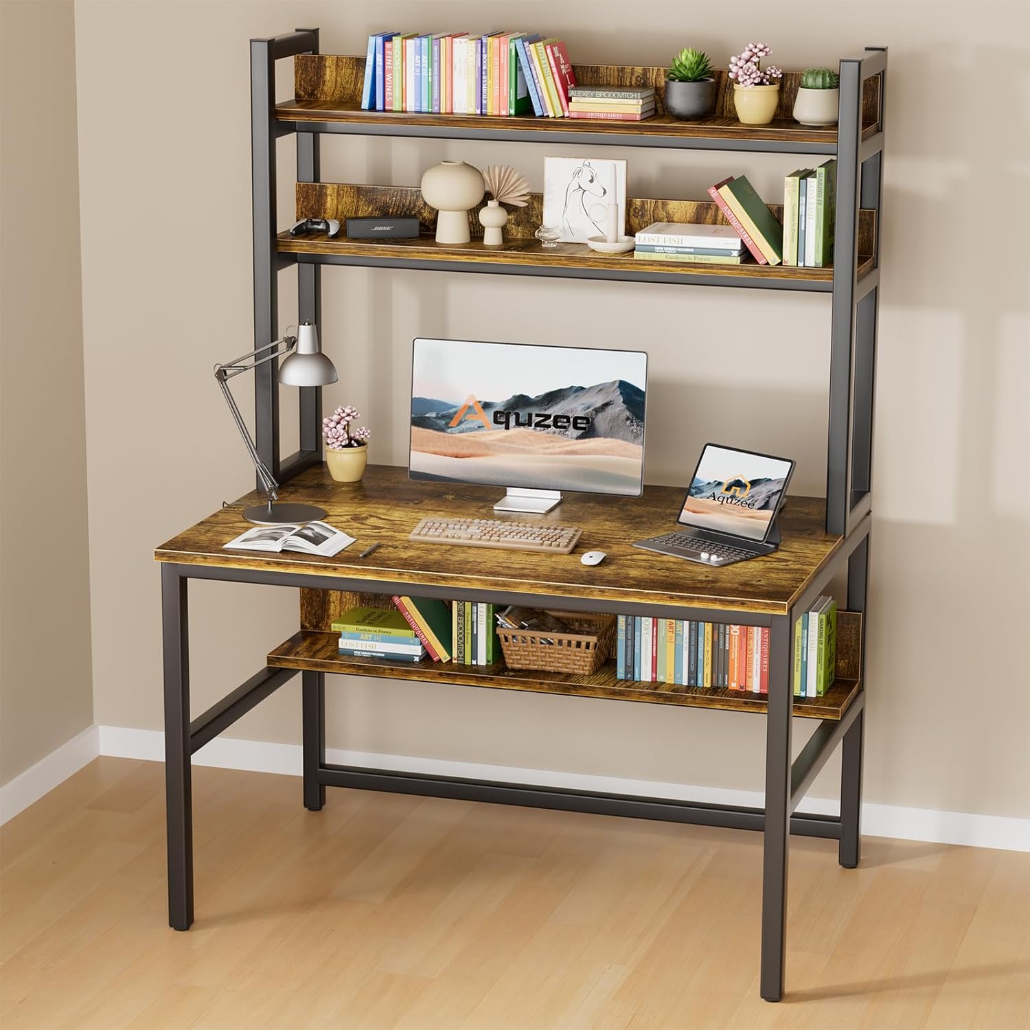 Aquzee Computer Desk with Shelves, 47" W x 23.6" D Gaming Desk with Hutch and Bookshelf