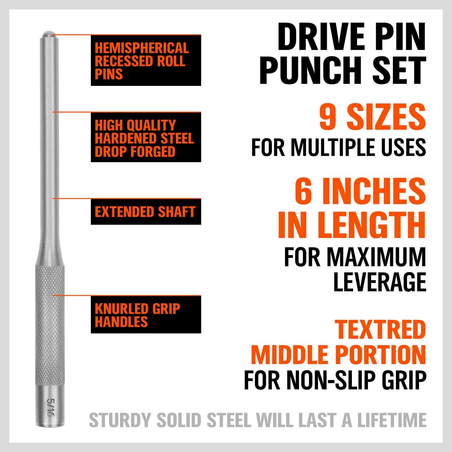 9-Piece Roll Pin Punch Set - Fast Pin Removal - Durable Steel & Construction - For Automotive, Firearm Maintenance, Watch