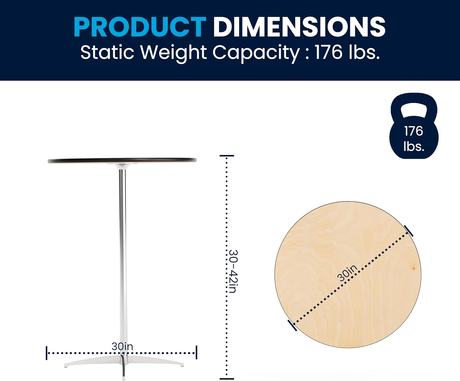 Flash Furniture Lars 24" Round Wood Cocktail Table with 30" and 42" Adjustable Columns, Adjustable Bar Height, for Events or Home Use