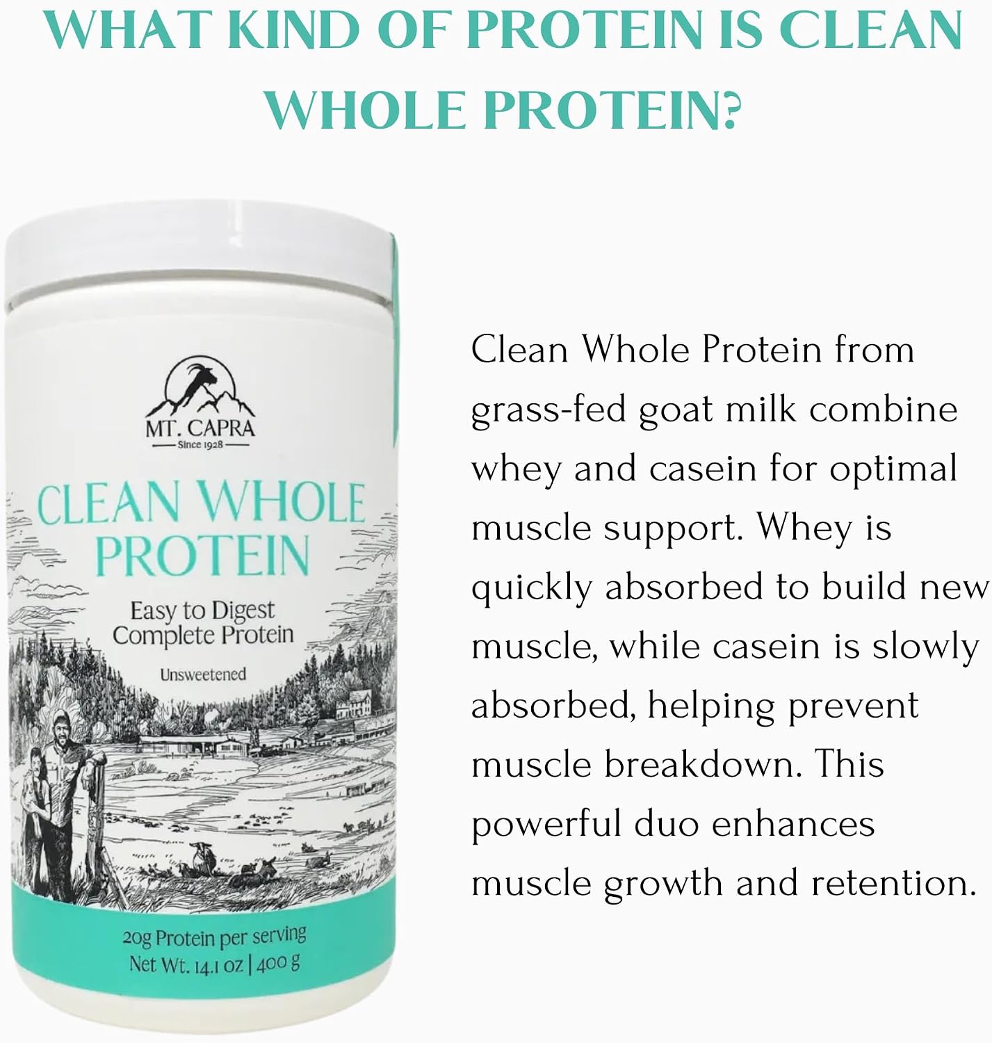 Mt. Capra Clean Whole Protein | Grass-Fed Goat Protein with Whey and Casein Protein | No Bloat, Build and Maintain Muscle, 20 g Protein per Serving