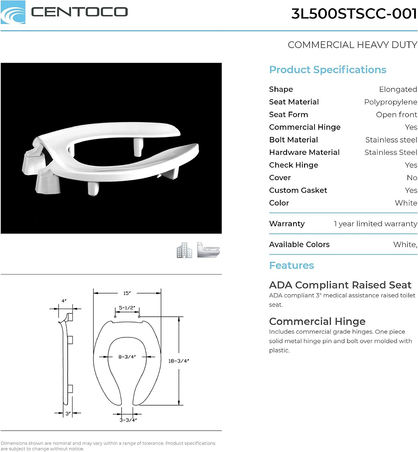 Centoco 3 inch Raised Toilet Seat for Seniors, Elongated, White | Closed Front, Cover, Plastic, 3L800STS-001, Made in the USA