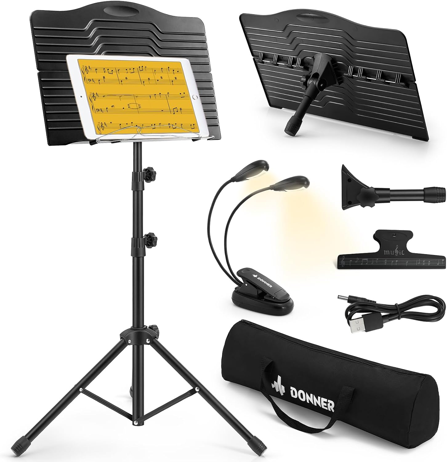 Donner DMS-1 Sheet Music Stand with Light & Carrying Bag | Portable Metal Music Stand, Tabletop Music Book Stand for Guitar, Ukulele, Violin Players