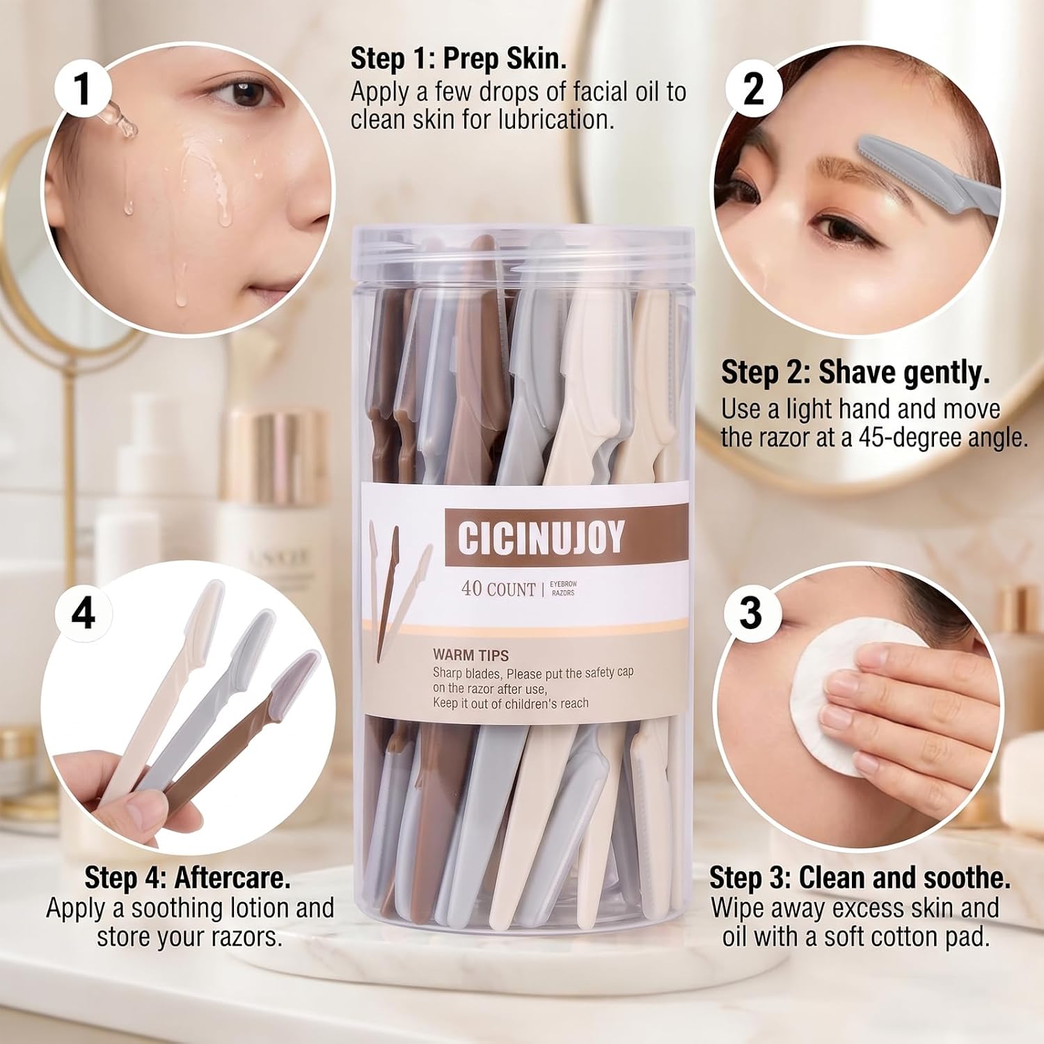 40pcs Dermaplane Razor for Women Face, Stainless Steel Eyebrow Razor