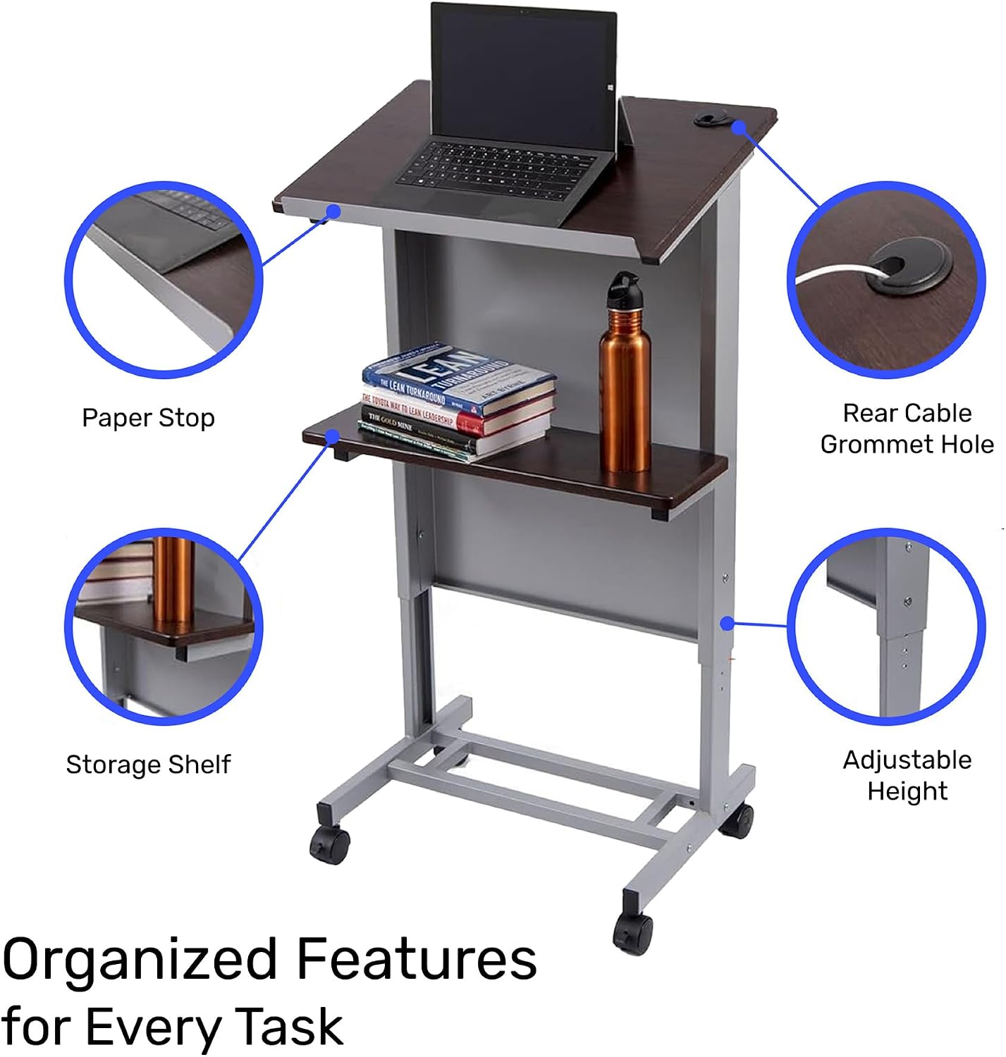 Stand Up Adjustable Height Lectern Podium | Rolling Desk with Storage Shelf | Ergonomic Standing Desk Frame for Office, Classroom, Laptop, Teaching, Presentations & More (Dark Walnut)