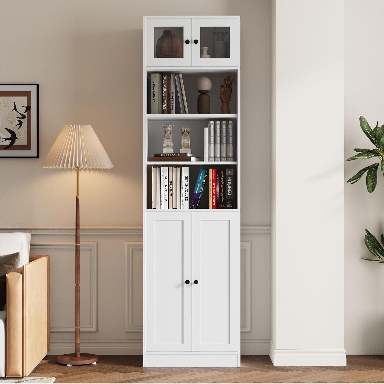 TUSY 85.5 Inch Tall Bookshelf with Doors - 7 Tier Bookcase with Glass Doors and Drawer, 23.6" Wide Storage Cabinet with Open Shelves for Living Room, White Book Shelf for Home Office, Study (AAAA)