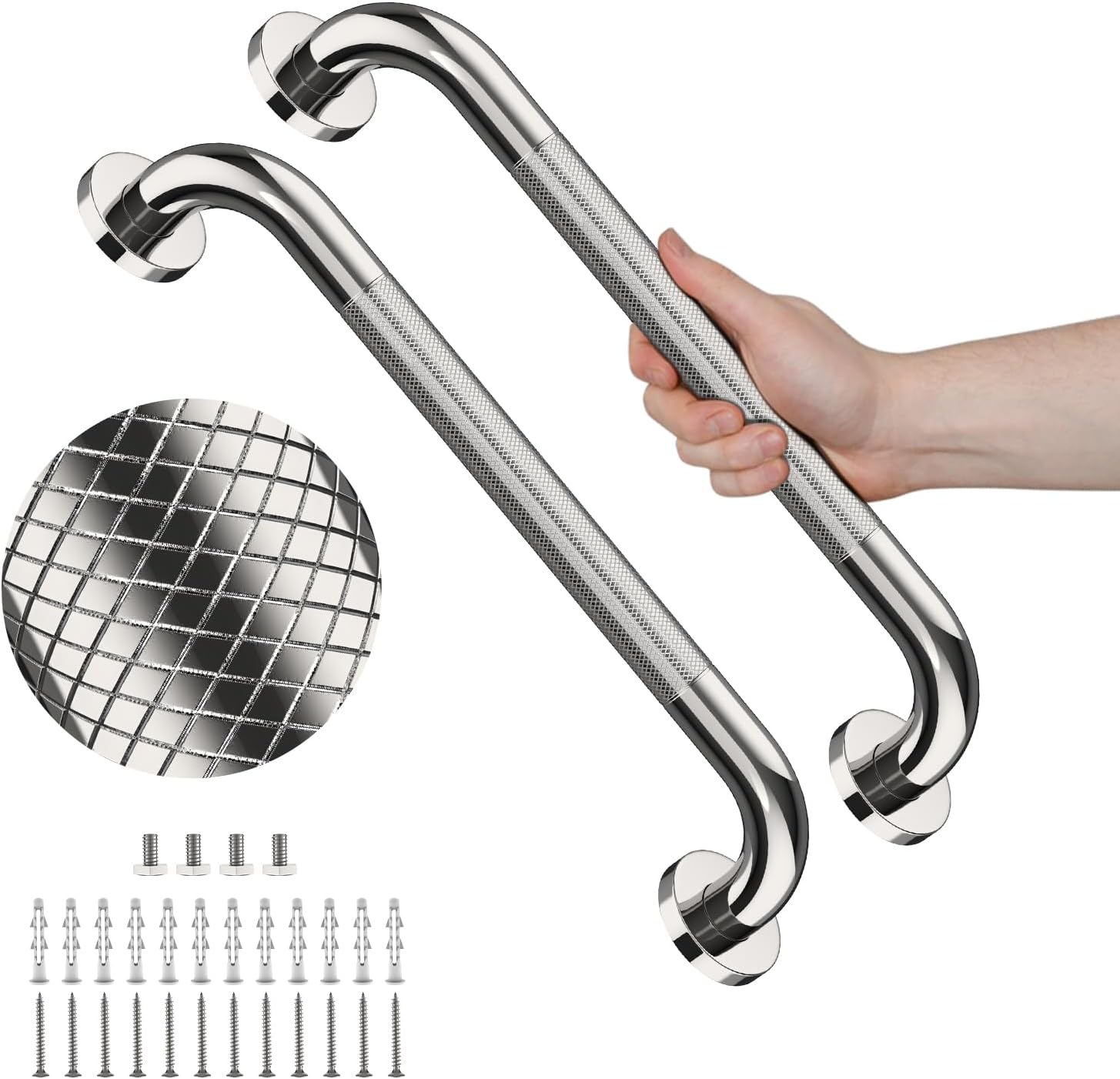 40 Inch Brushed Nickel Shower Grab Bar Anti-Slip Knurled Grip,Safety Handle | YuanDe 1.25" Diameter Stainless Steel Bathroom Grab Bars, Handicap Injury Elderly Senior Assist Support Shower Handle-2Packs