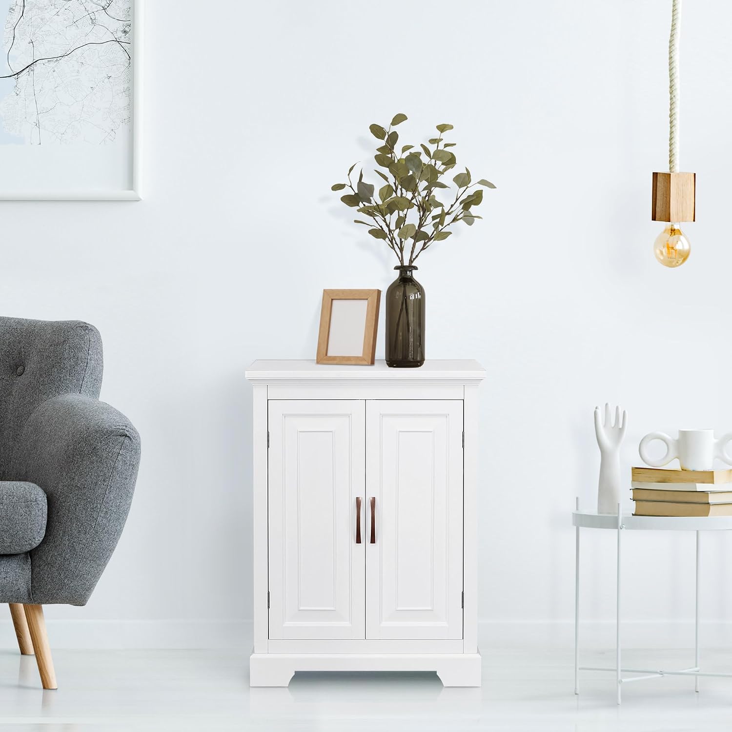 Teamson Home Versailles Wooden Freestanding Floor Storage Cabinet with 2 Adjustable Interior Shelves 3 Storage Spaces and 2 Floral Scroll Doors, White