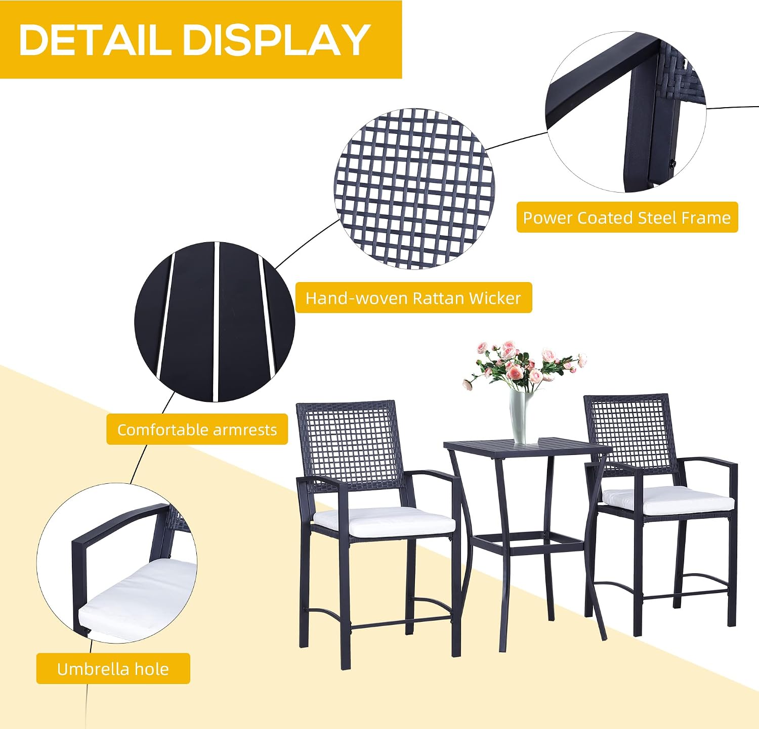 Outsunny 3pcs Patio Bar Set with Soft Cushion, Rattan Wicker for Poolside | Outdoor Furniture Set, for Backyards, Lawn, Deck