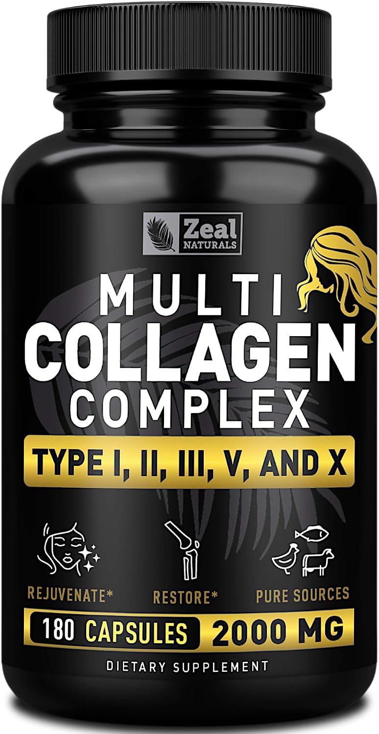 Multi Collagen Peptides Pills (Types Ⅰ, Ⅱ, Ⅲ, Ⅴ, Ⅹ) Grass Fed Collagen Pills (180 Capsules) - Hydrolysate Collagen Protein Blend for Hair