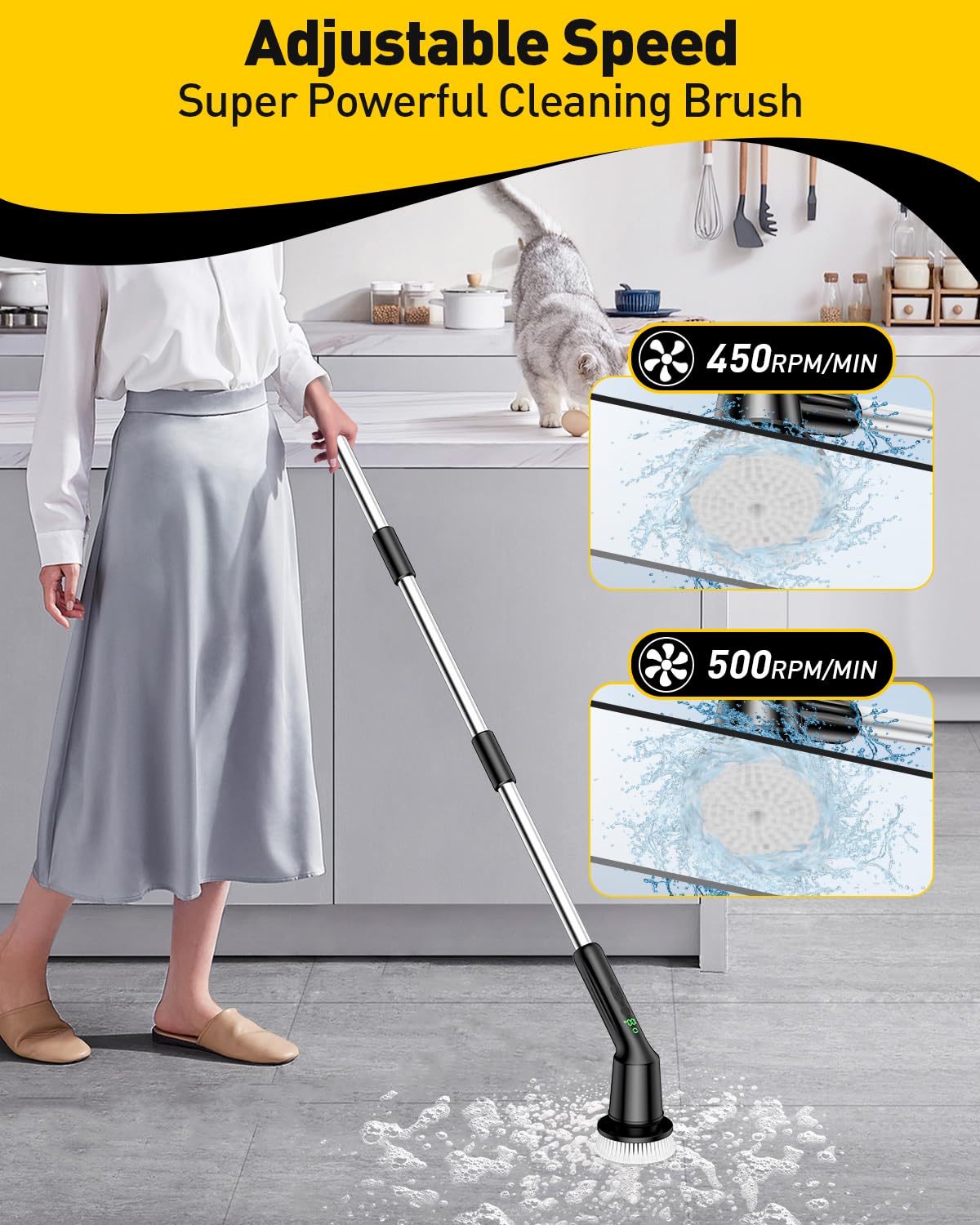 Electric Spin Scrubber for Bathroom, Shower Scrubber with Long Handle | Shower Cleaner Brushes, IPX7 Waterproof & 2 Speed, 3 Brush Heads, 90min Runtime, Bathroom Cleaning Supplies for Toilet Tub