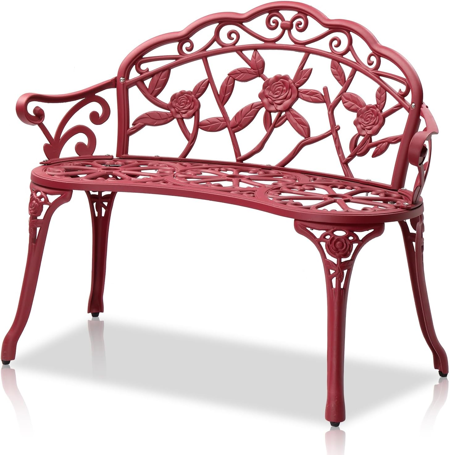 VINGLI 38.5" Patio Park Garden Outdoor Metal Rose Bench, 2-Person Cast Iron Cast Aluminium Frame Antique Finish Chair,Accented Lawn Front Porch Path Yard Decor Deck Furniture (Bronze, Rose)