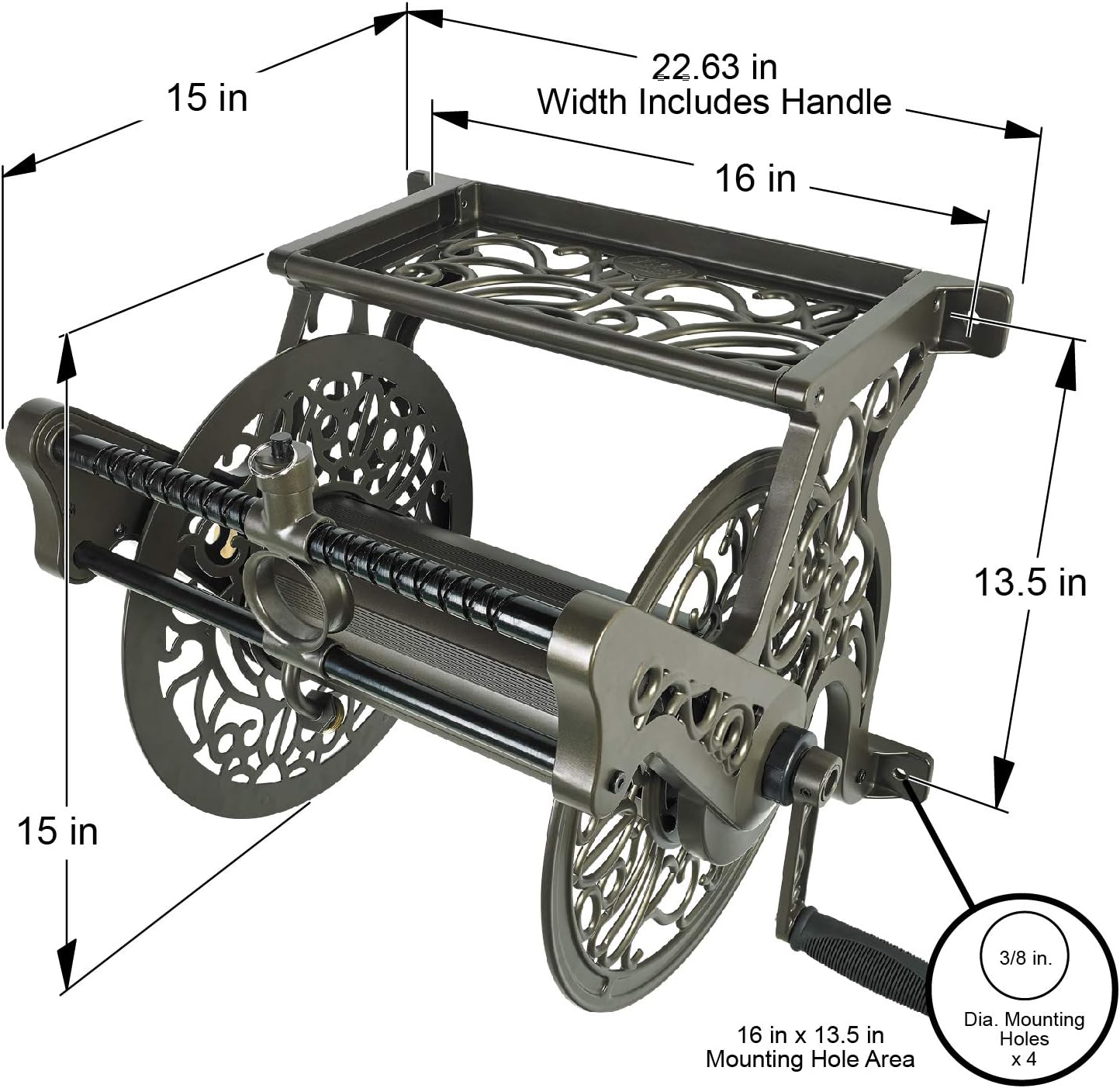 Liberty GARDEN 704 Decorative Cast Aluminum Wall Mount Garden Hose Reel, Holds 125-Feet of 5/8-Inch Hose - Bronze