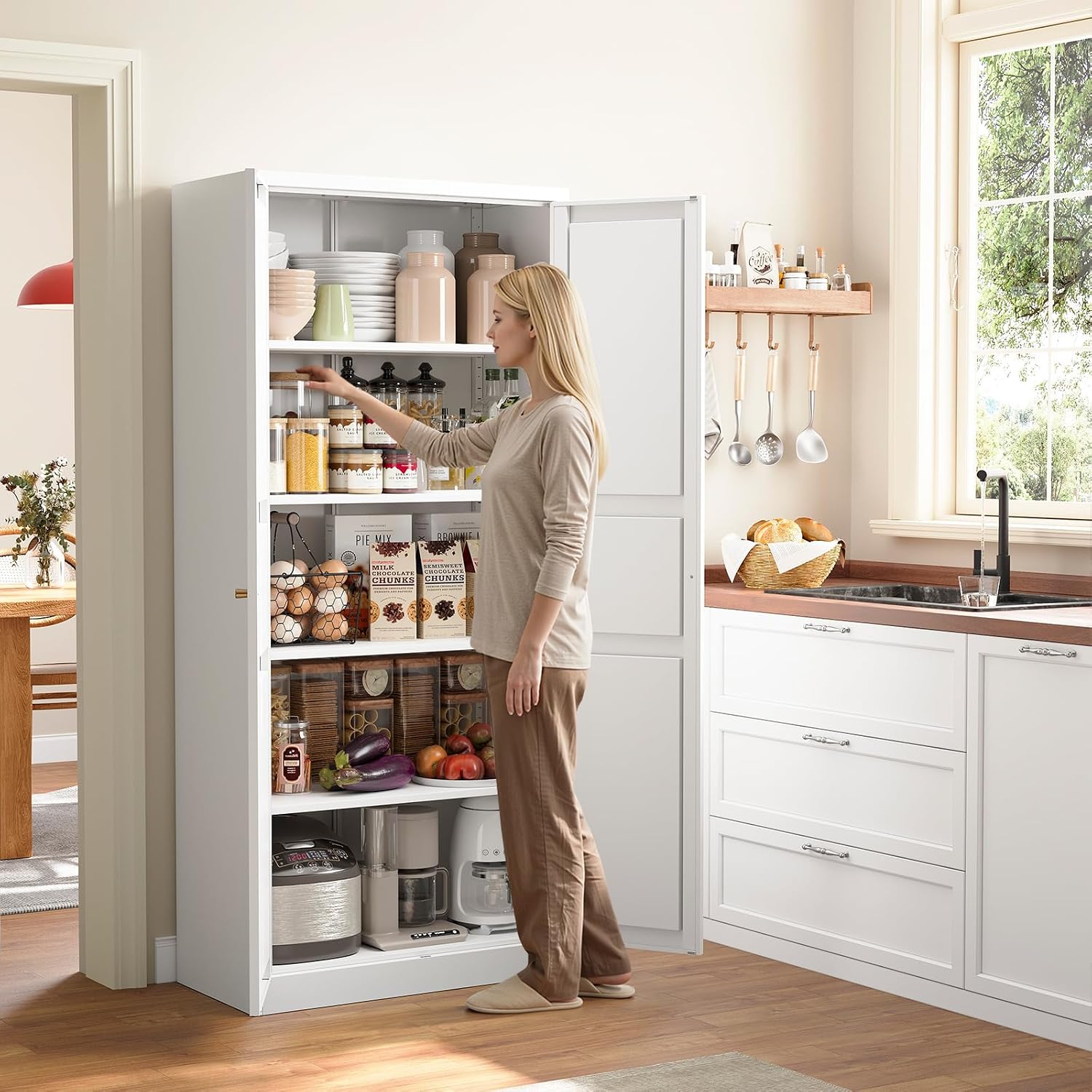 Metal Storage Cabinet with 2 Doors and 4 Adjustable Shelves - 61" White Kitchen Pantry Storage 5-Tier Tall Steel Cabinets Locker for Kitchen, Living Room, Dining Room