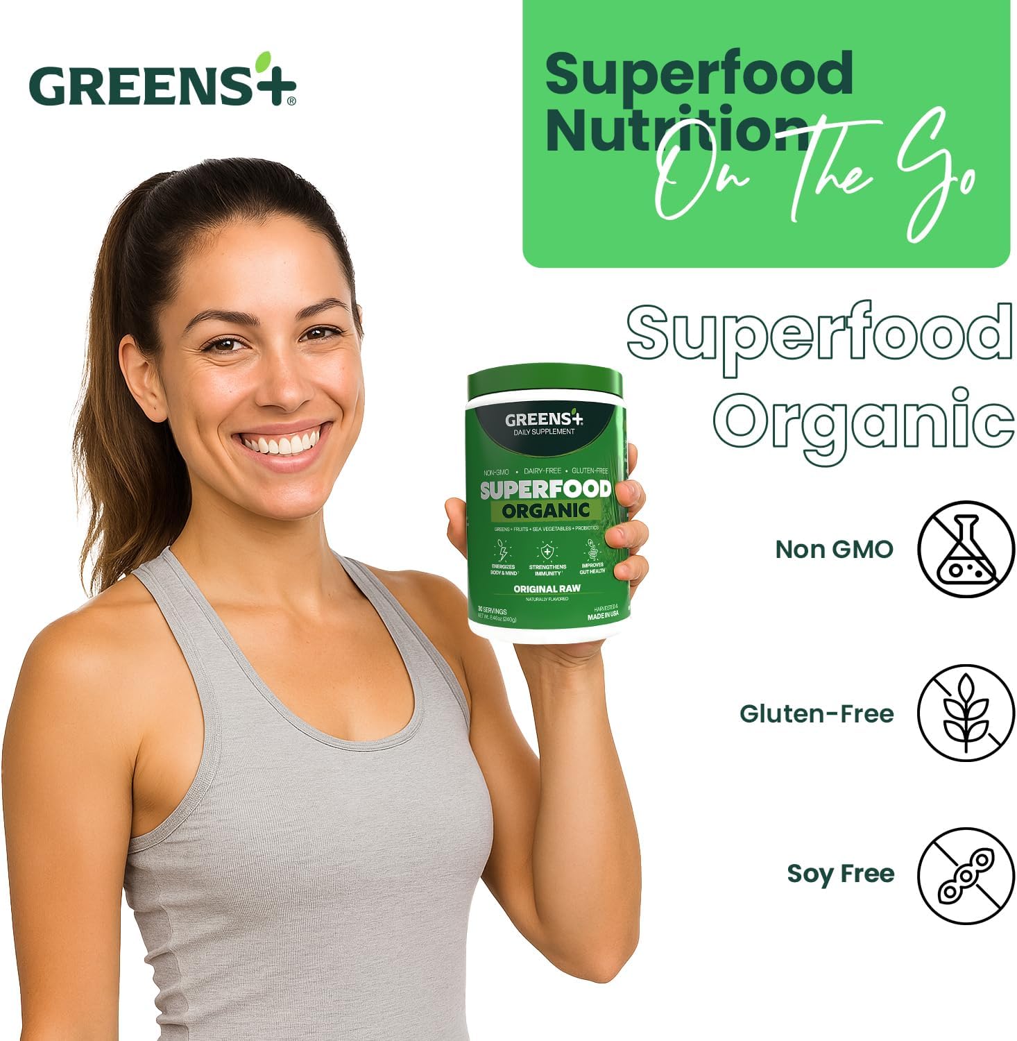 Greens+ Organic RAW Superfood Powder, Dietary Supplement | 8.46oz | Energy Boost | Super Blend Immune Support, Morning Kick, Nutrition Vibrant Health, Vegan, Soy Free | Dairy Free | Gluten Free