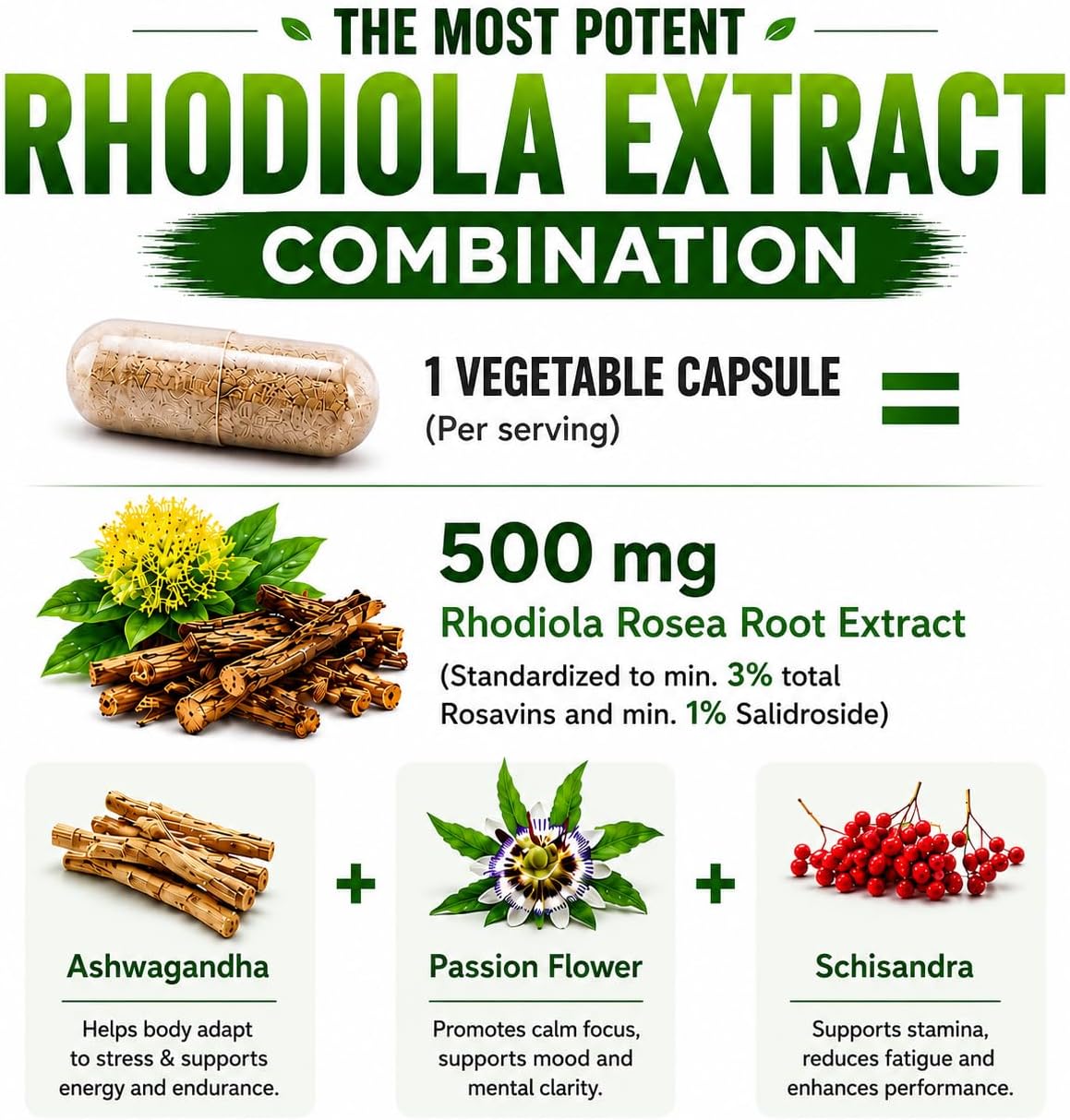 Rhodiola Rosea Supplement High Potency Extract 500mg - 3% Rosavins 1% Salidrosides with Ashwagandha Shisandra Passion Flower Herb Powder Capsules