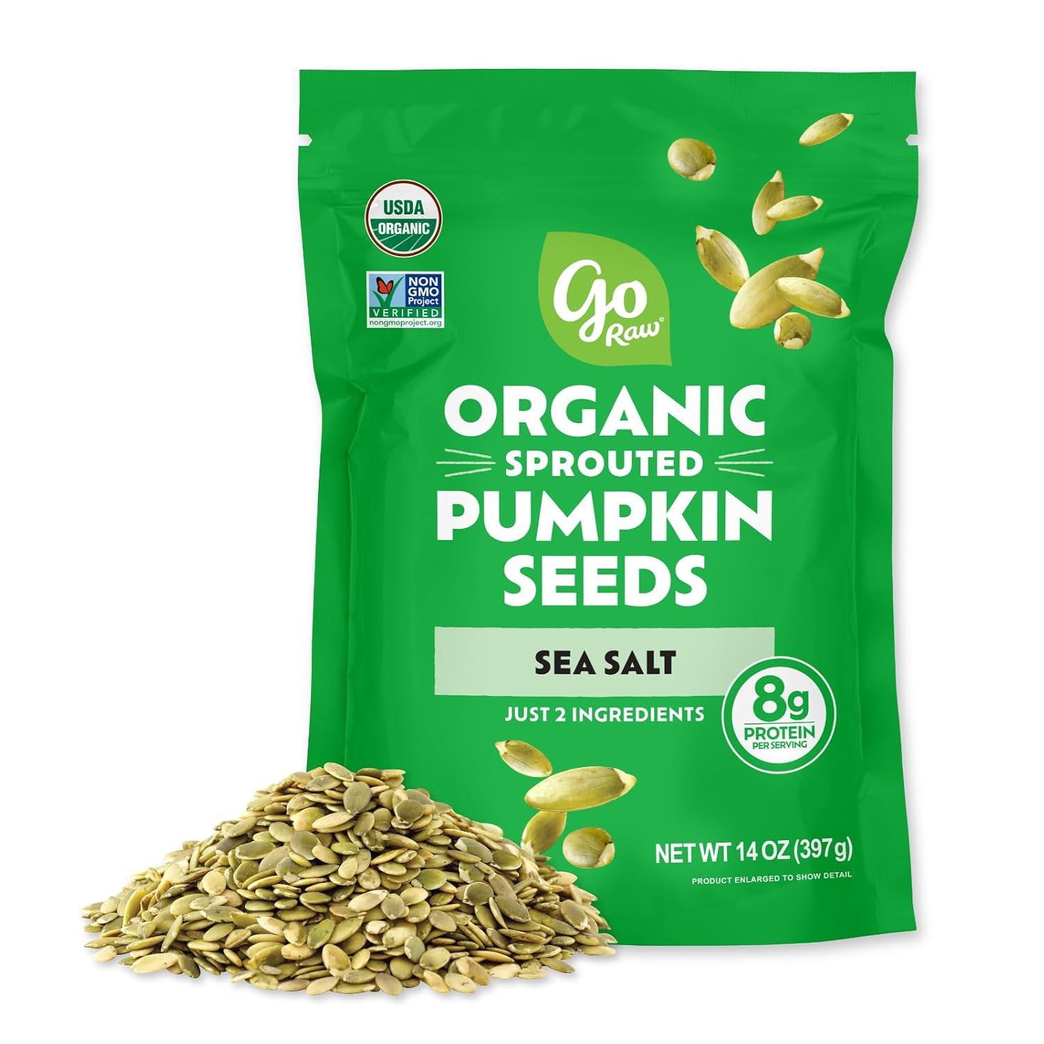 Go Raw Organic Sprouted Pumpkin Seeds - Sea Salted Pepita Snack | Keto, Non-GMO, Vegan, Gluten-Free, Kosher, Paleo, Protein-Packed Superfood, Healthy Vegan Snack for Adults and Kids, 14oz Bag
