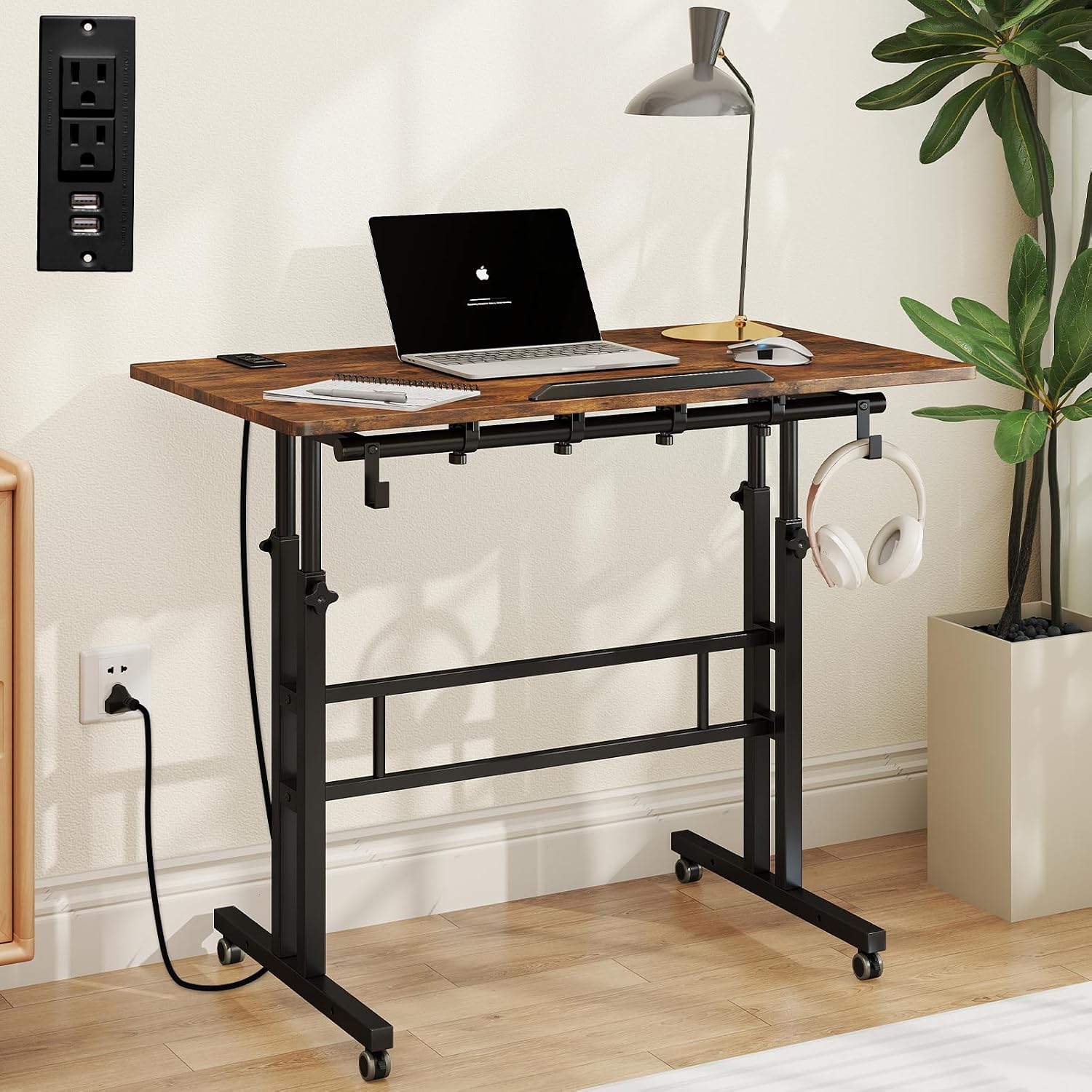 SIDUCAL Mobile Standing Desk, Portable Stand Up, Small Adjustable Converter with Wheels Home Office Workstation, Rolling Desk Laptop Cart for Standing or Sitting, Black