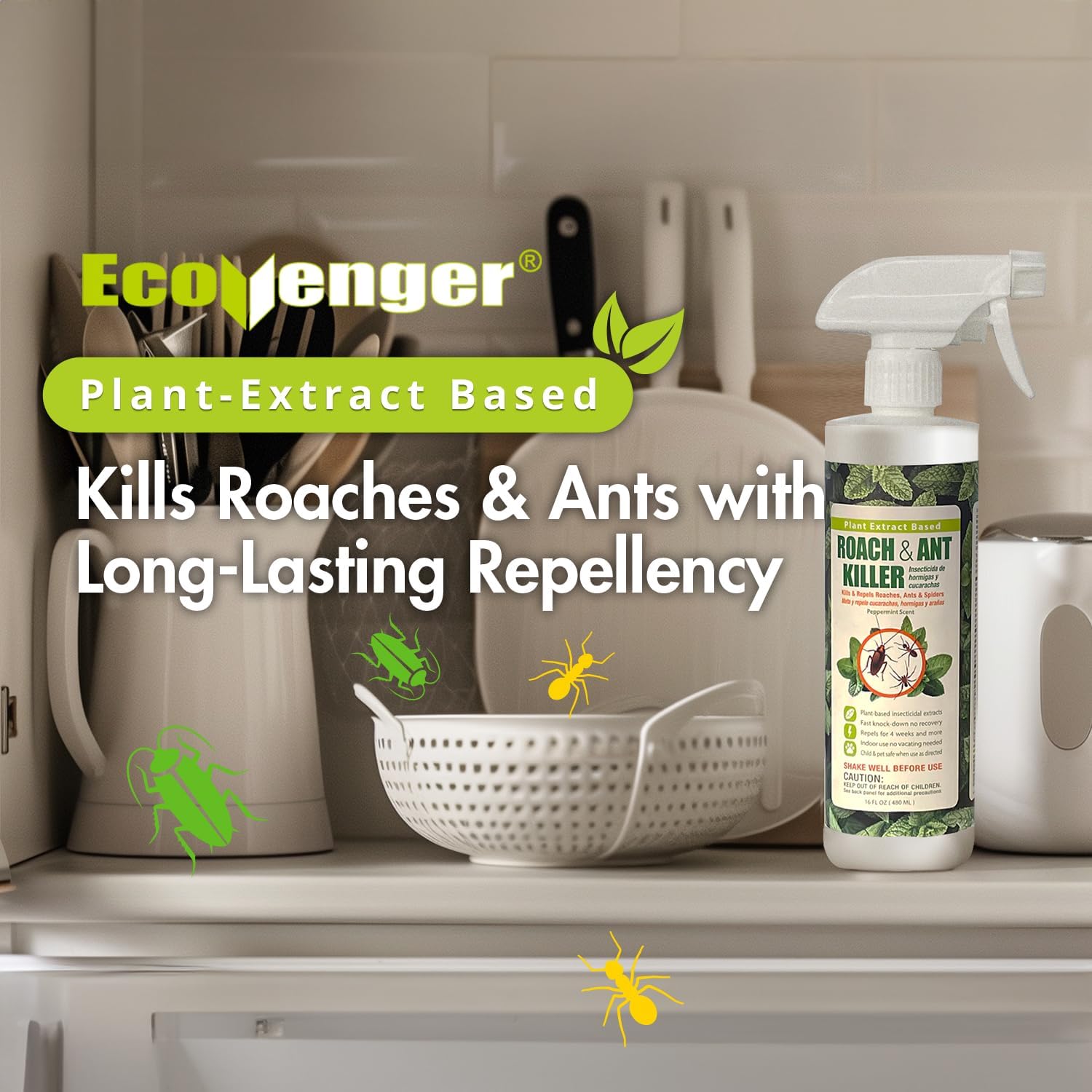 EcoVenger® Roach and Ant Killer 16 oz | Kills on Contact | Extended 4-Week Deterrence | Peppermint Scent | Child and Pet Safe