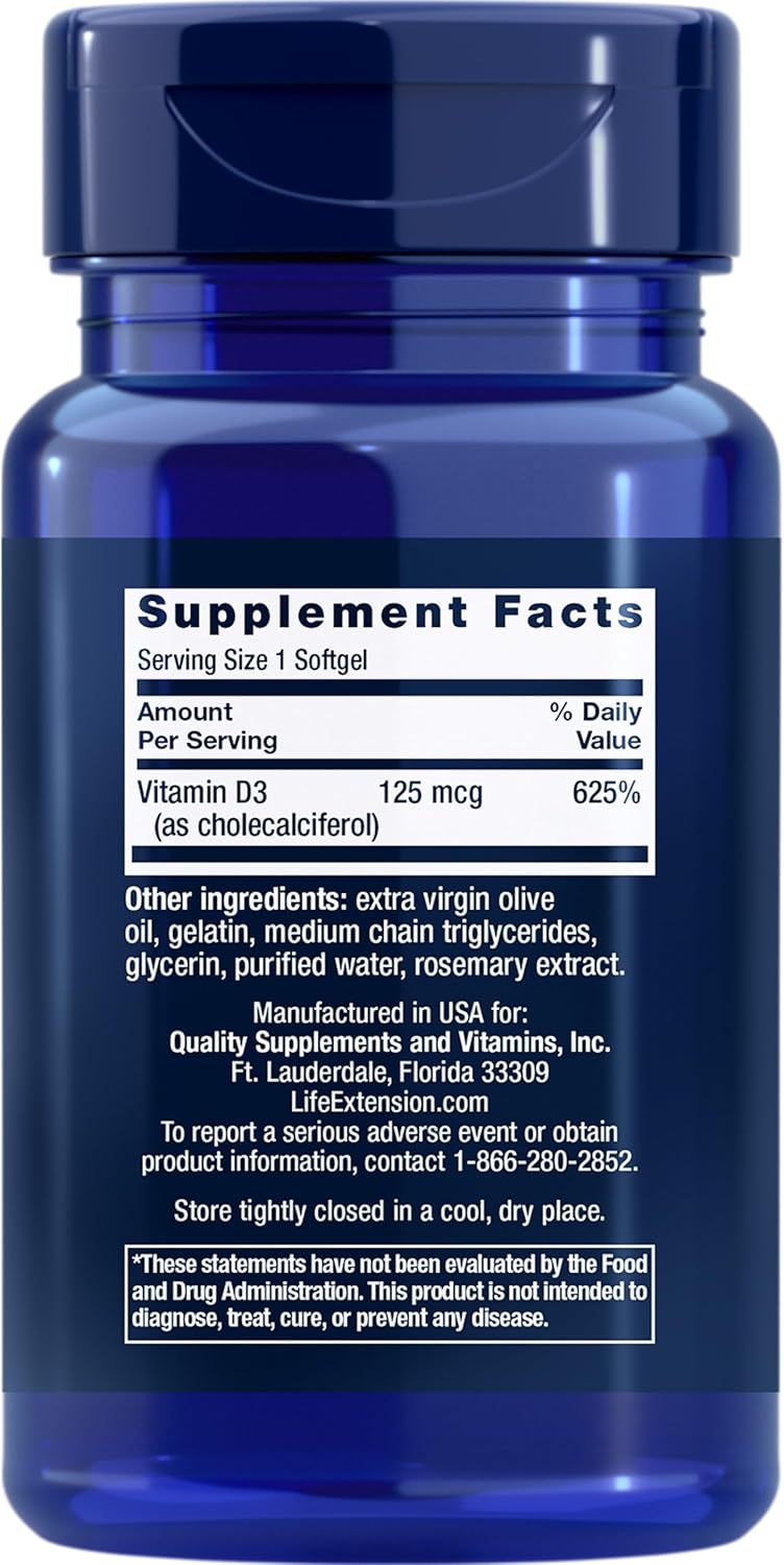 Life Extension Vitamin D3 125 mcg (5000 IU), Bone Health, Brain Performance, Immune System Support, Gluten-Free, Non-GMO, Once Daily, Two-Month Supply, 60 Softgels | Bone Health, Cognitive Health & Immune System Support, Gluten-Free & Non-GMO, Once Daily…