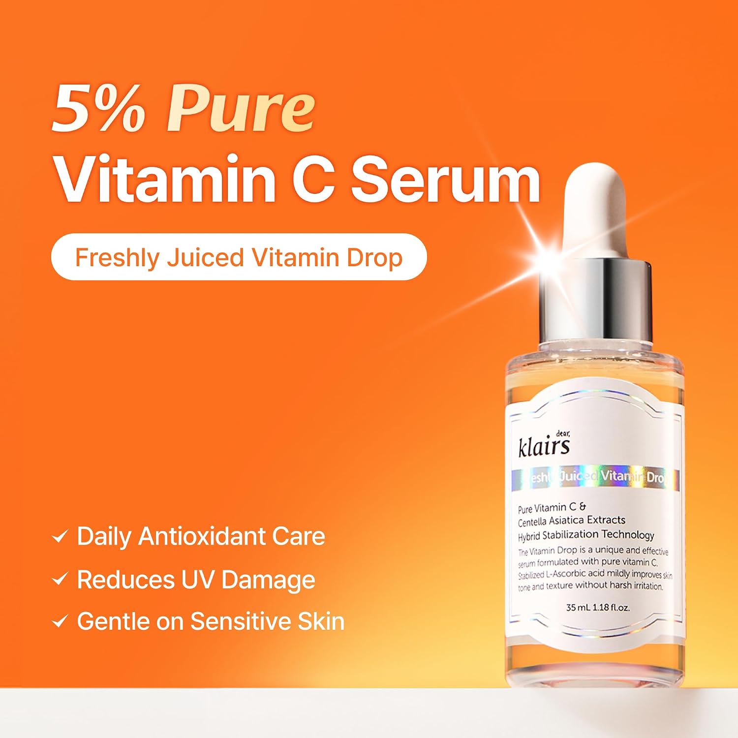 DearKlairs Vitamin C Serum - Dark Spot Care for Sensitive Skin, 1.18 fl.oz. | 5% Pure Vitamin C & Niacinamide, EGF Peptides, Even Skin Tone