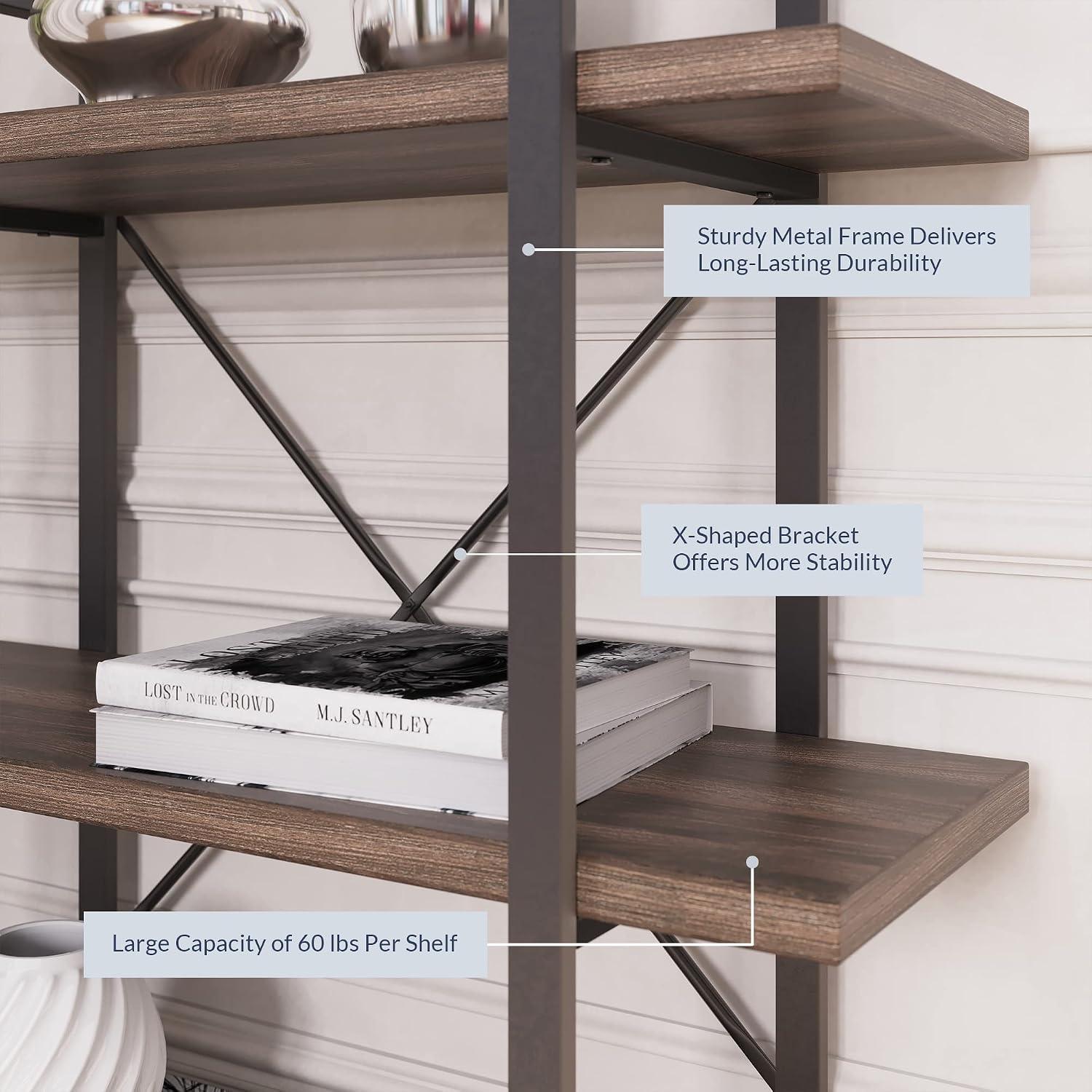 BELLEZE 4 Tier Modern Rustic Industrial Bookshelf, Open Wide Office Etagere Book Shelf