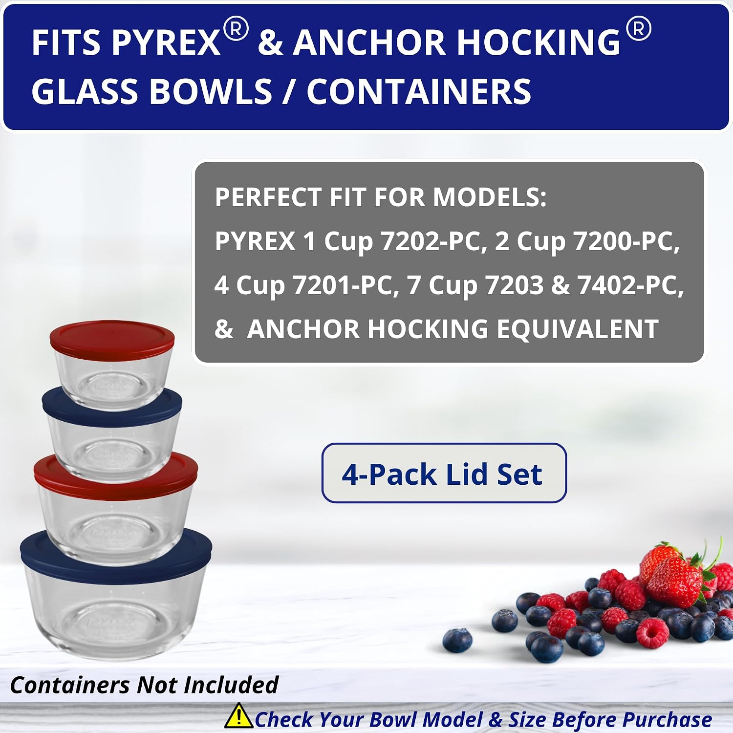 1, 2, 4 & 7 Cup Green, Orange, Blue, Red Replacement Lids/Covers for Pyrex