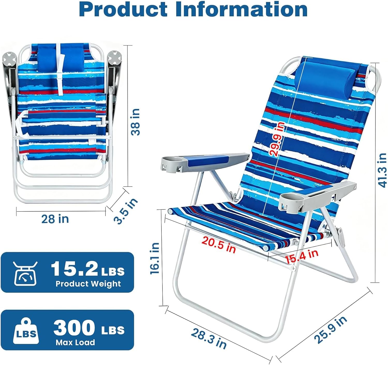 SUNNYFEEL Oversized Tall Folding Beach Chair Lightweight, 17" Portable Sand Chair for Adults Heavy Duty 500 LBS with Cup Holders