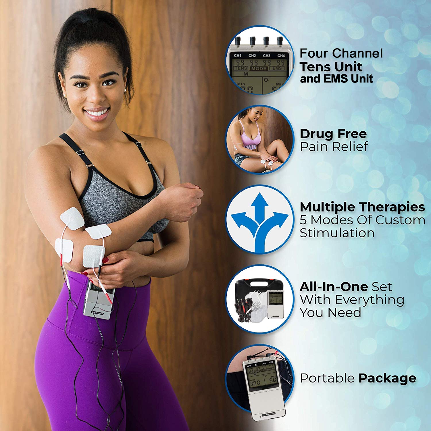 Roscoe Medical TENS Unit and EMS Muscle Stimulator – 16 Electrodes Included, 4-Channel OTC TENS Machine for Back Pain Relief, Lower Back Pain Relief