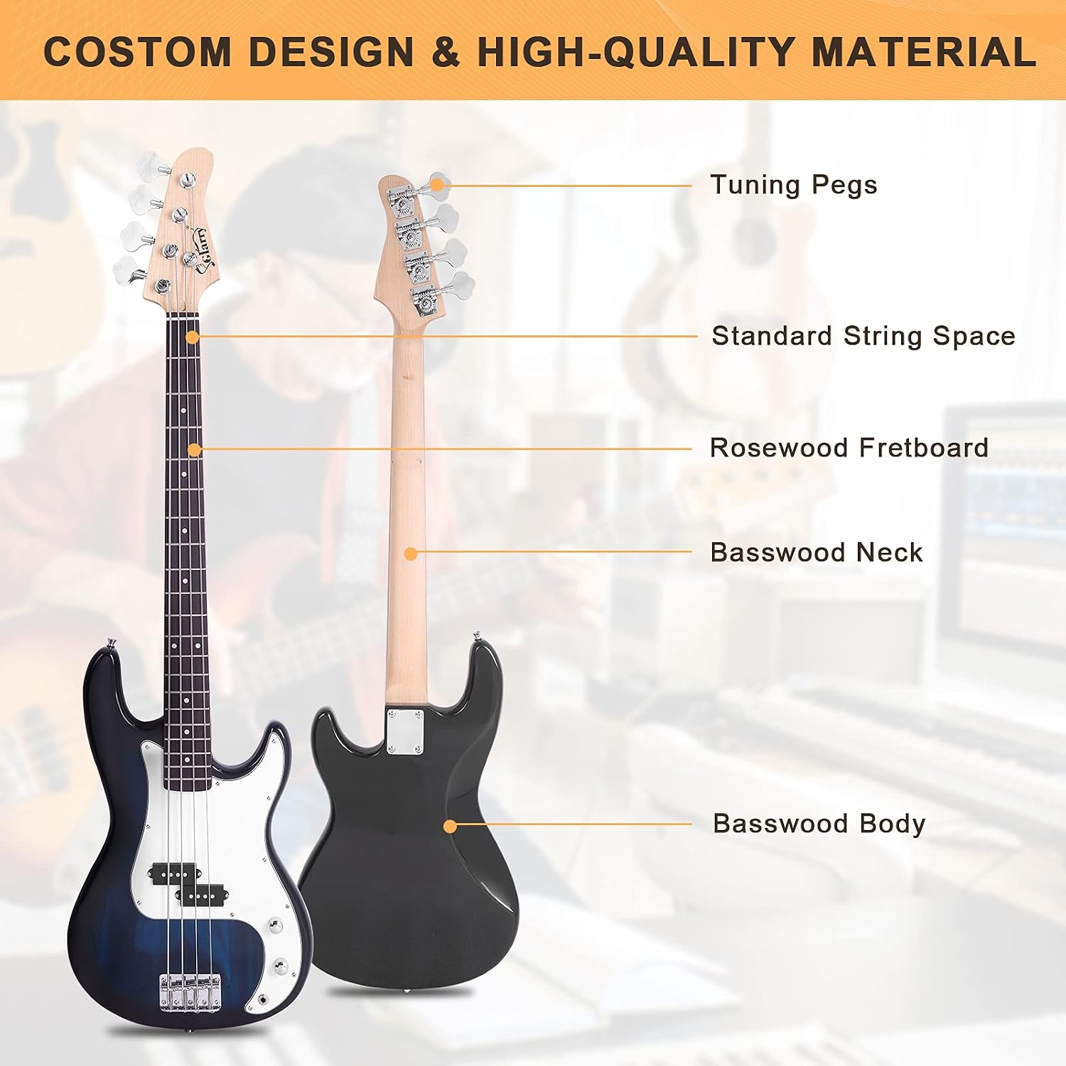 GLARRY Full Size Electric Bass Guitar Beginner Kit 4 String Exquisite Basswood Bass with 20W AMP, Cable, Strap, Bag and Accessories (Transparent Blue, 39"Right Handed)