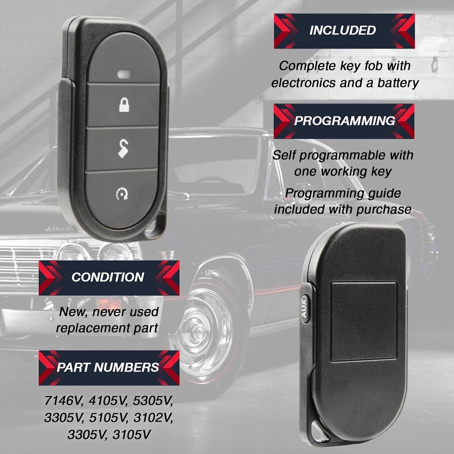 2X USARemote Keyless Entry Remote Car Key Fob 4-Button Replacement for Viper Alarm Security System (7146V, 4105V, 5305V, 3305V, 5105V, 3102V, 3305V, 3105V)